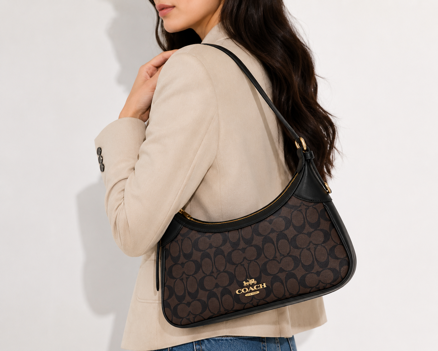 Co_ach Signature Dark Brown & Black Shoulder Bag – Luxury Women’s Hobo Bag