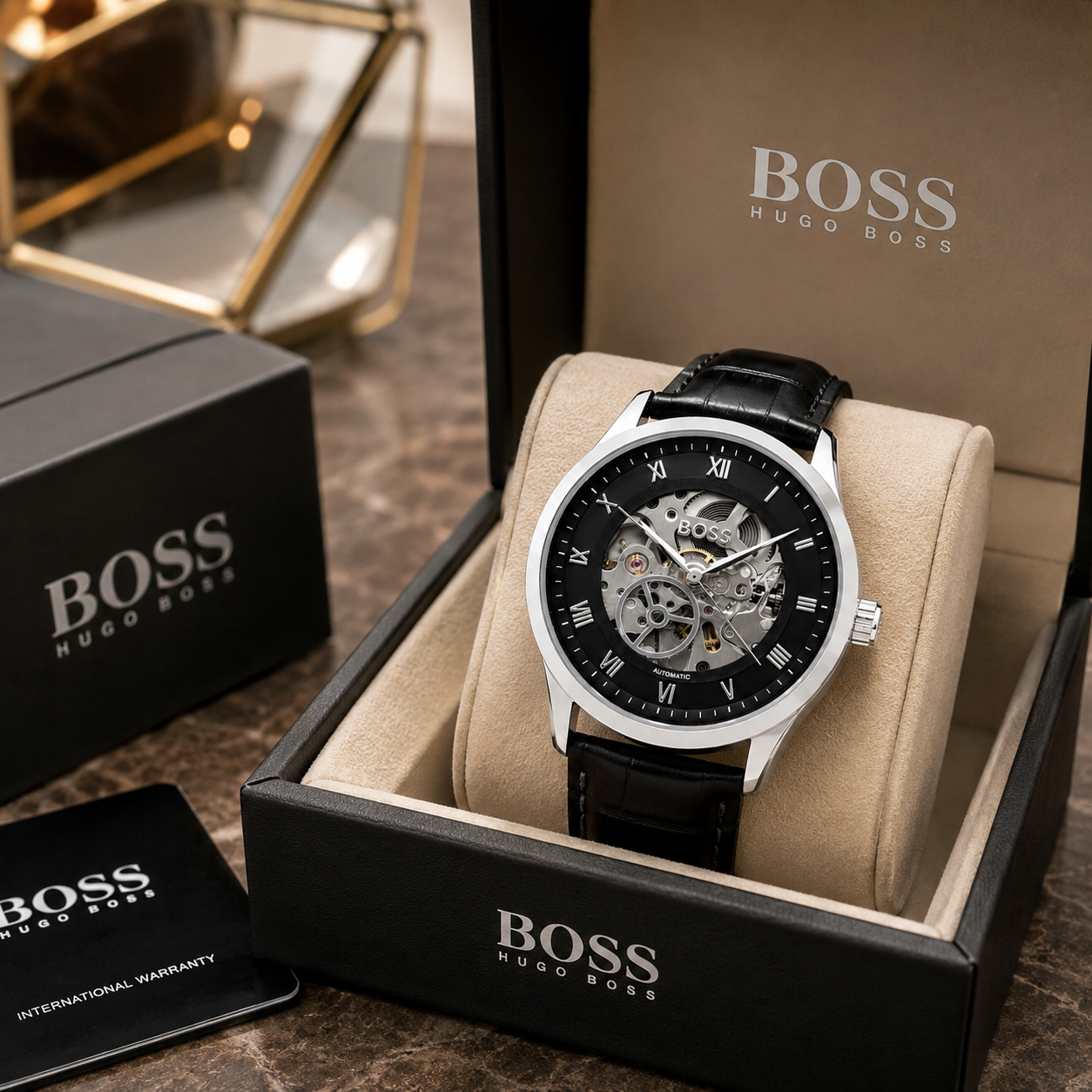 Hu_go Bo_ss Skeleton Automatic Black Leather Strap Watch