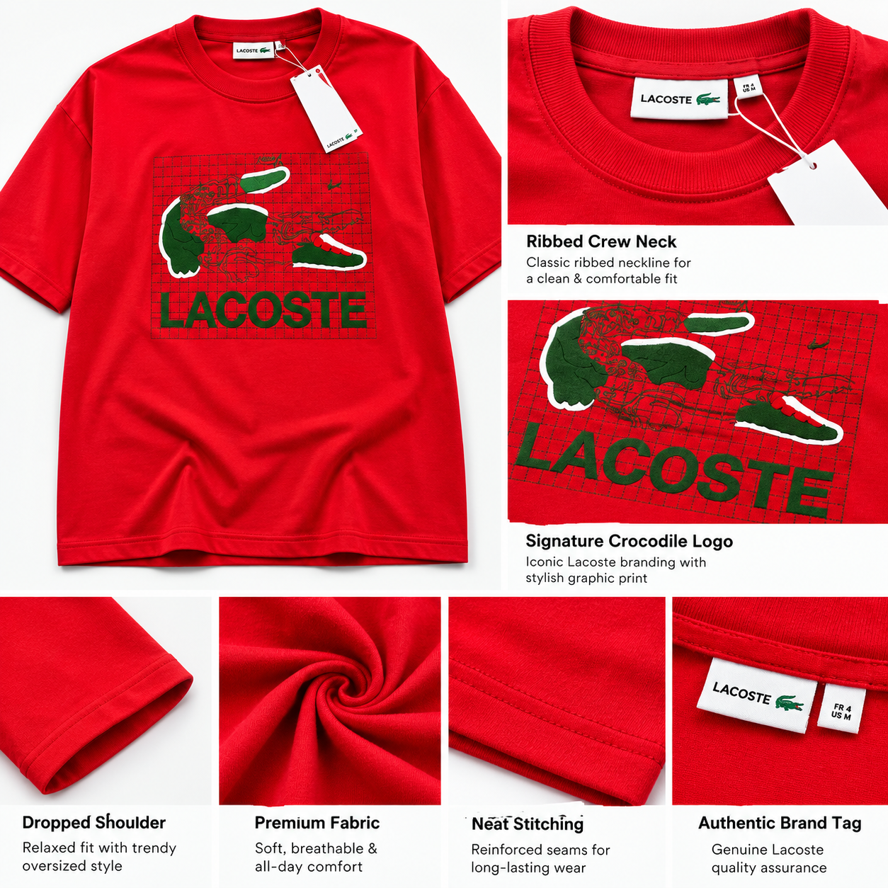 Lac_oste Men’s Red Graphic T-Shirt | Premium Crocodile Design Oversized Crew Neck Tee