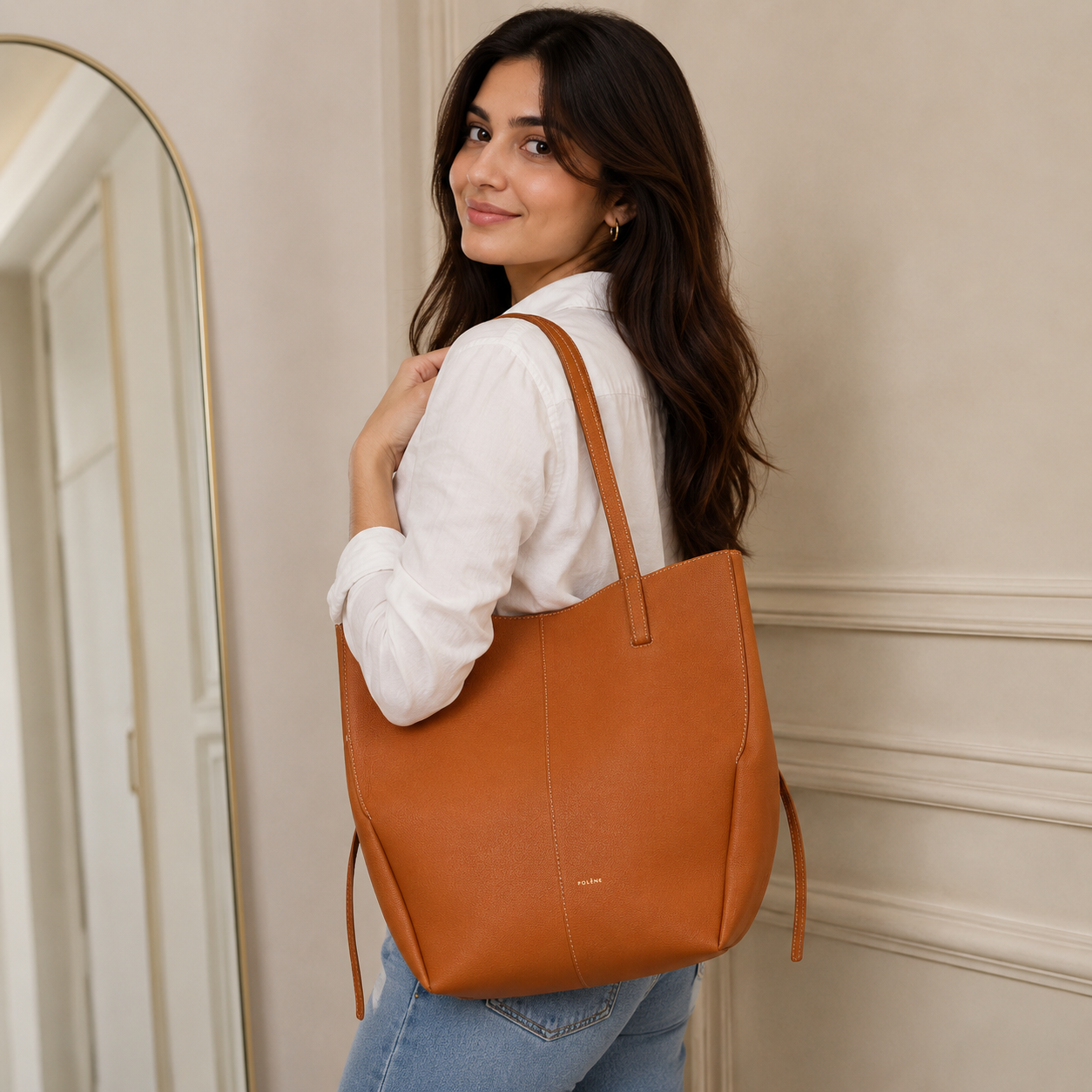 POL_ÈNE Women’s Cognac Brown Textured Tote Bag – Premium Large Shoulder Carryall