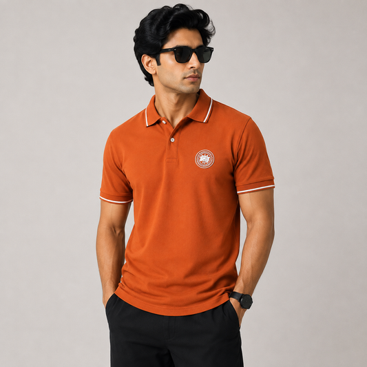 Men’s Burnt Orange Premium Polo T-Shirt with Contrast Tipping & Embroidered Chest Logo