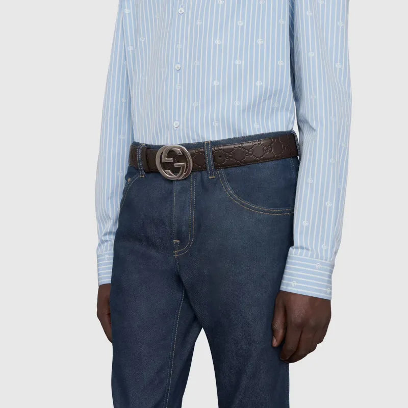 Gucci Signature Leather Belt Men's Brown 4cm Width