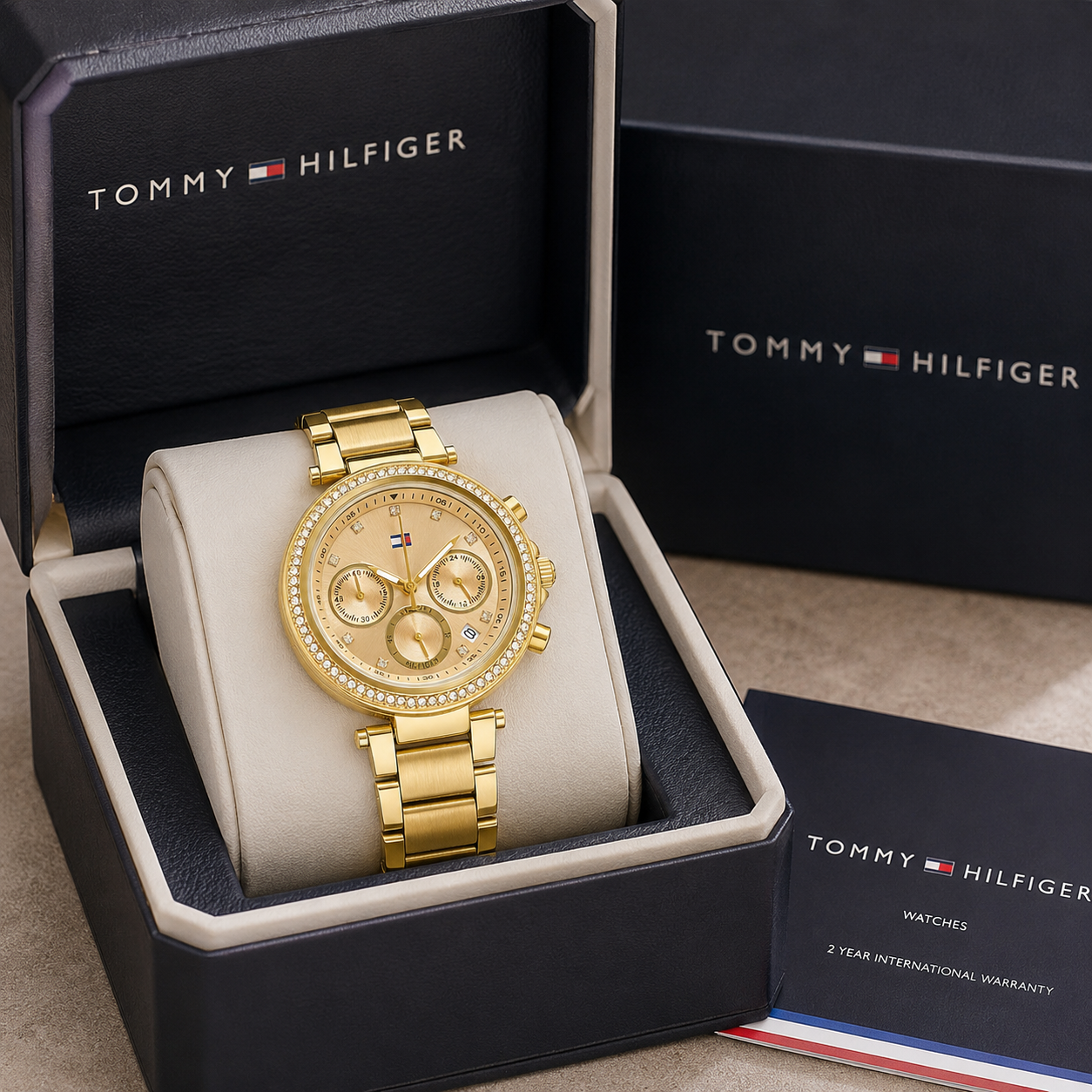 Tom_my Hil_figer Gold-Tone Multi-Function Watch – Crystal Bezel & Premium Metal Bracelet