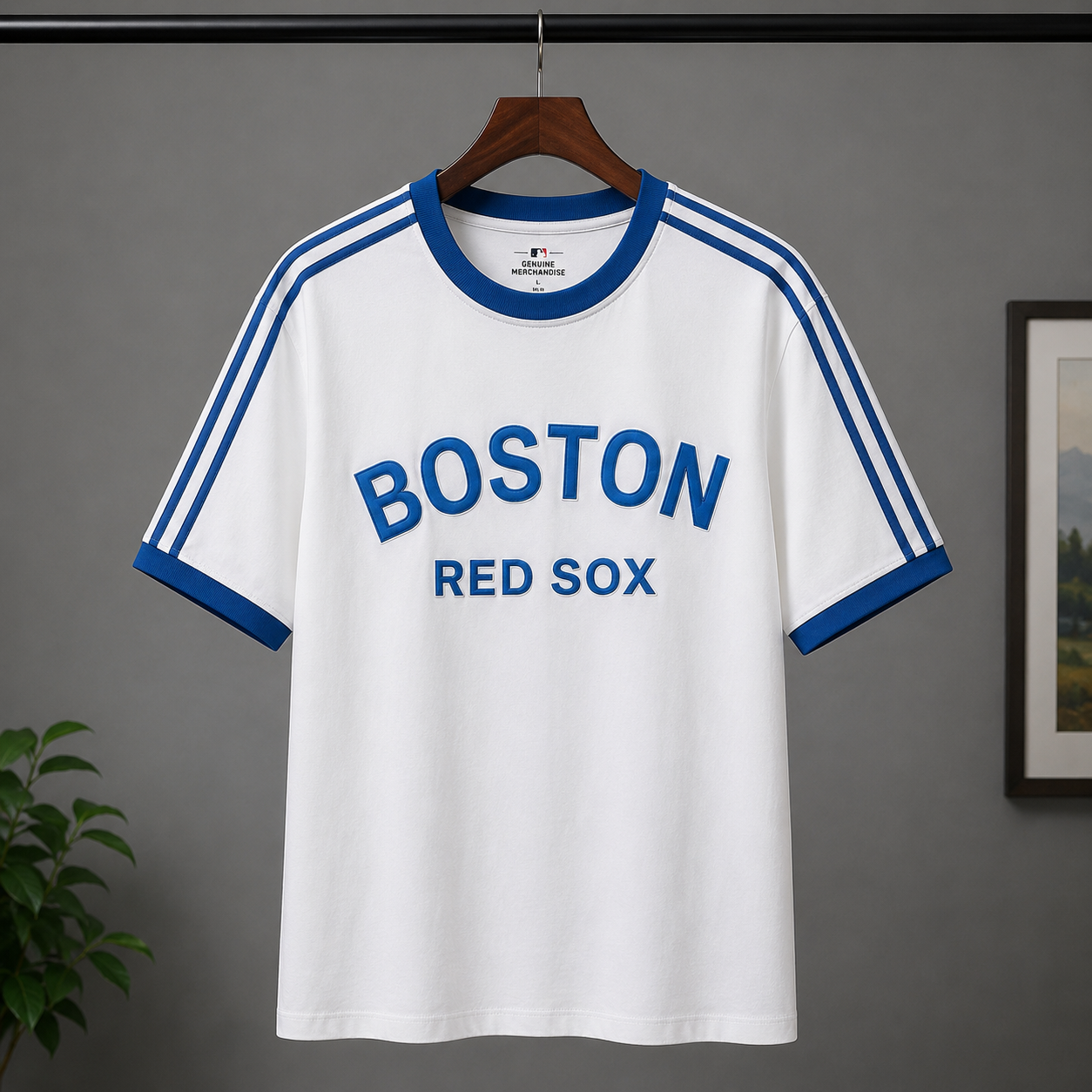 Bos_ton R_ed S_ox Inspired Men's Premium White Oversized Cotton T-Shirt with Blue Contrast Stripe
