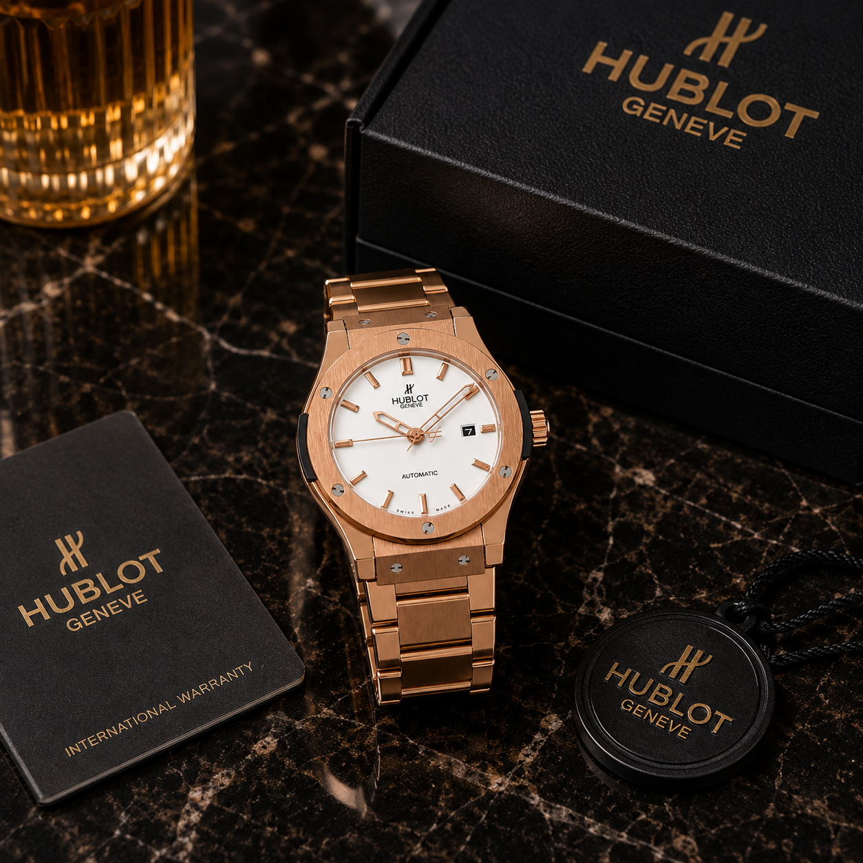 Hub_lot Classic Fusion Rose Gold Automatic Men’s Watch – White Dial