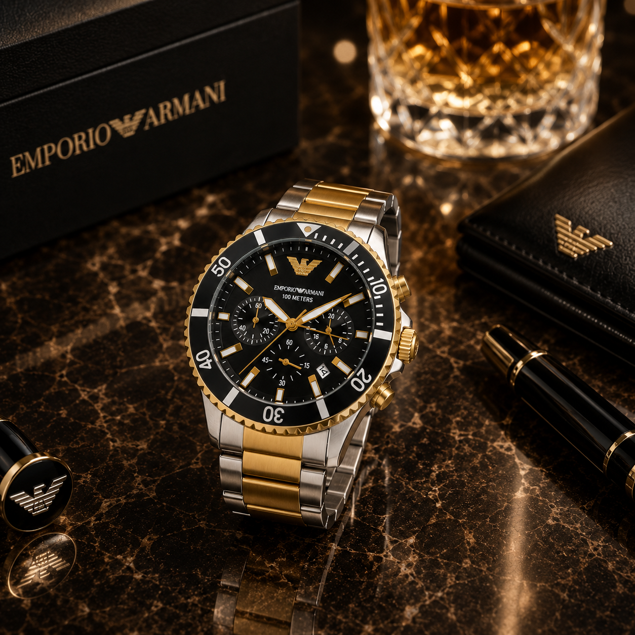 Em_porio Arm_ani Two-Tone Men’s Chronograph Watch – Black Dial & Gold-Silver Stainless Steel Bracelet
