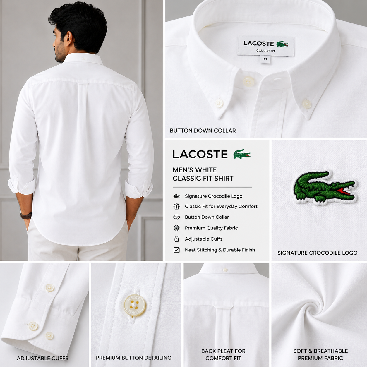 Lac_oste Men’s White Classic Fit Button-Down Shirt – Premium Casual Wear