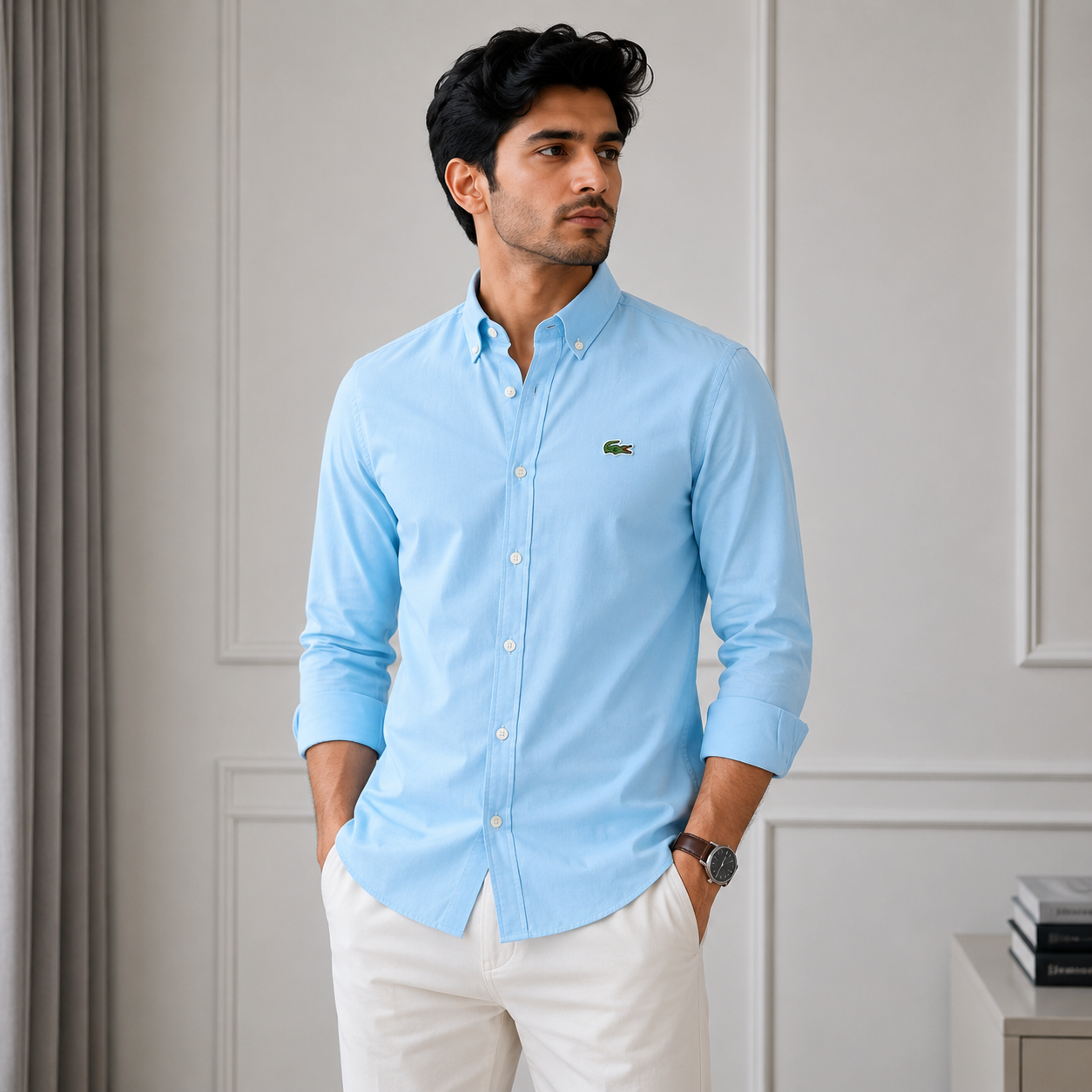 Lac_oste Men’s Sky Blue Classic Fit Button-Down Shirt – Premium Casual Wear