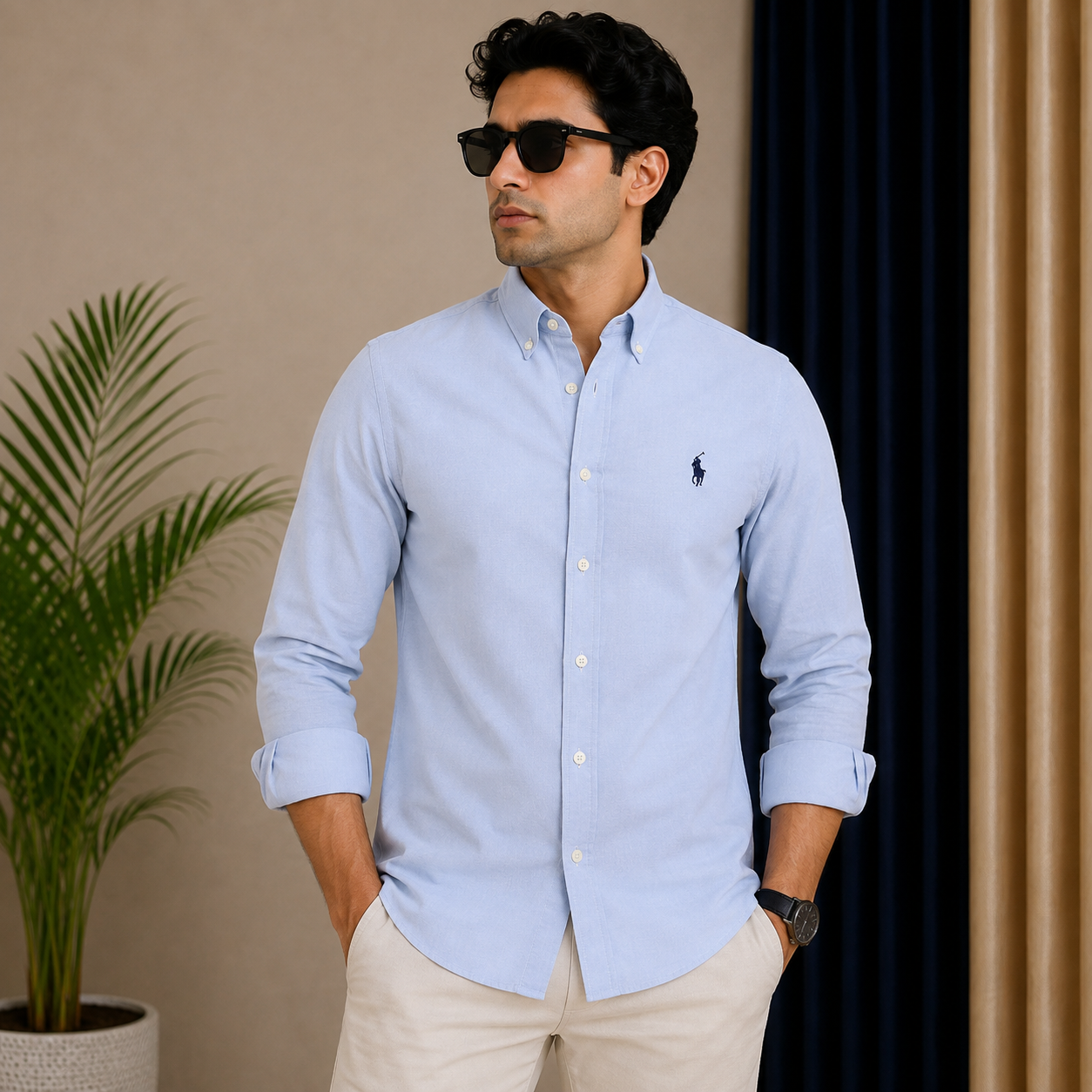 Po_lo RAL_PH LAU_REN Men’s Premium Sky Blue Oxford Shirt – Embroidered Button-Down Full Sleeve Shirt