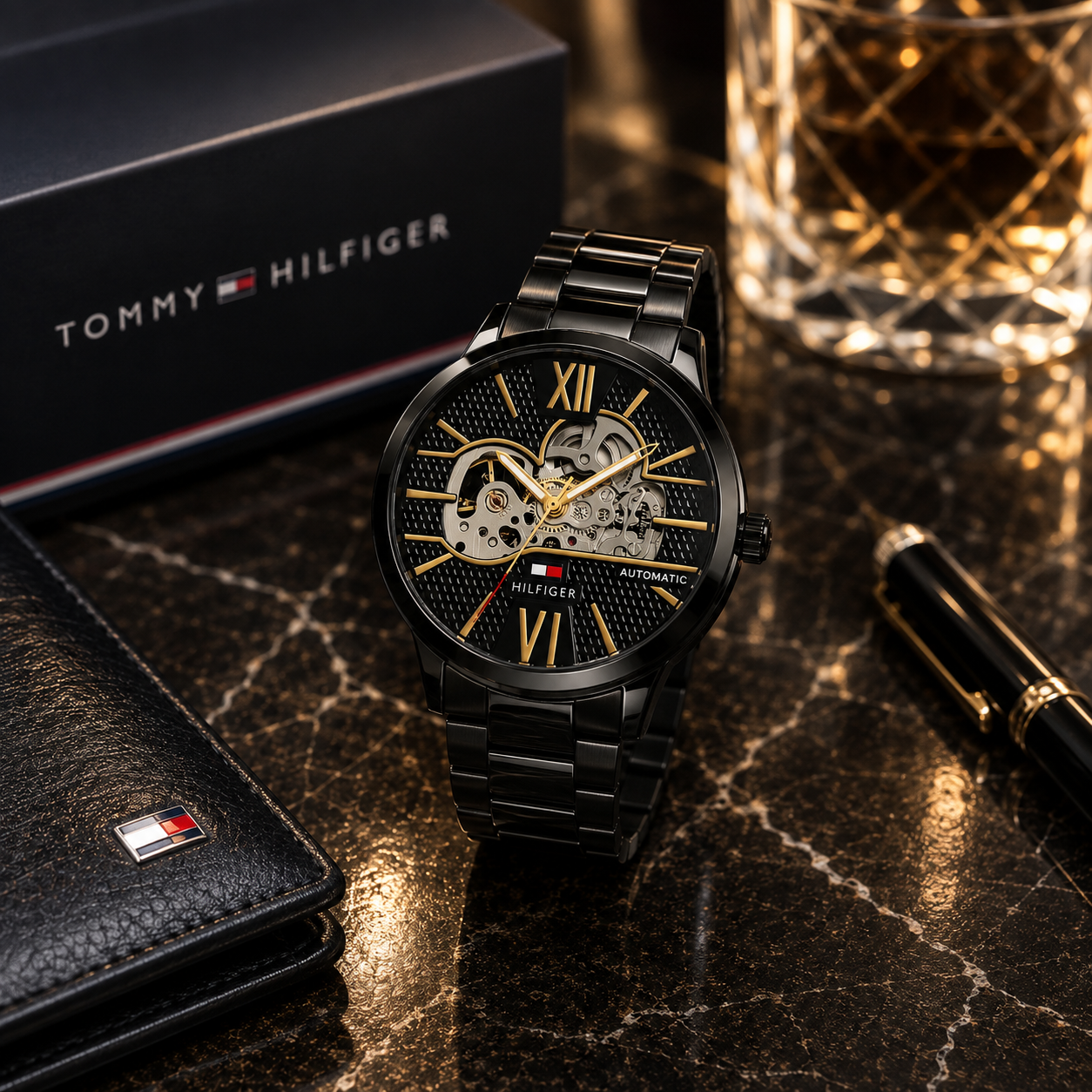 Tom_my Hilf_iger Automatic Skeleton Men’s Watch – Black Stainless Steel & Gold-Tone Dial