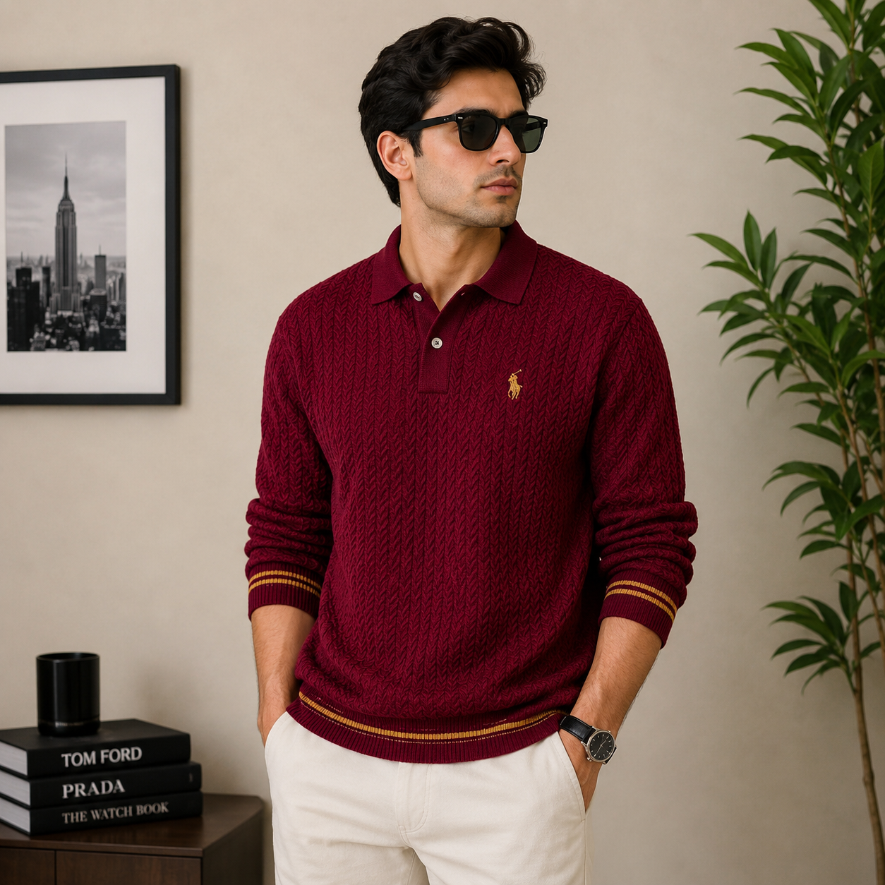po_lo Men's Premium Burgundy Textured Knit Polo T-Shirt with Contrast Stripe Cuffs