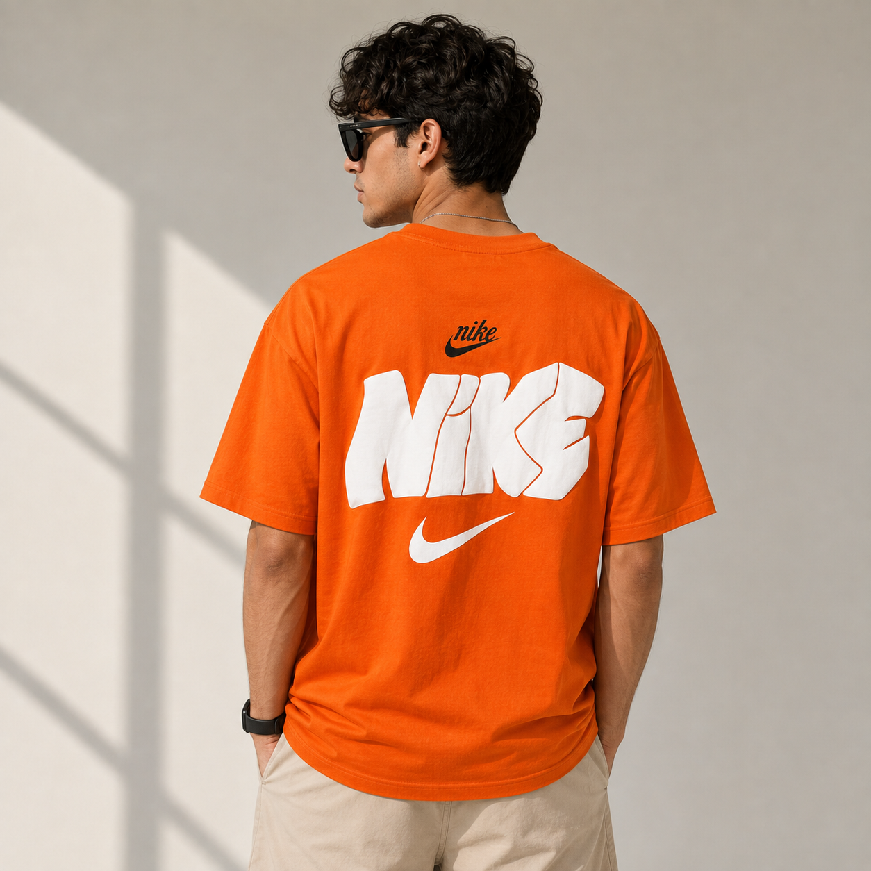 Ni_ke Men’s Orange Oversized Graphic T-Shirt – Bold Swoosh Casual Streetwear Tee