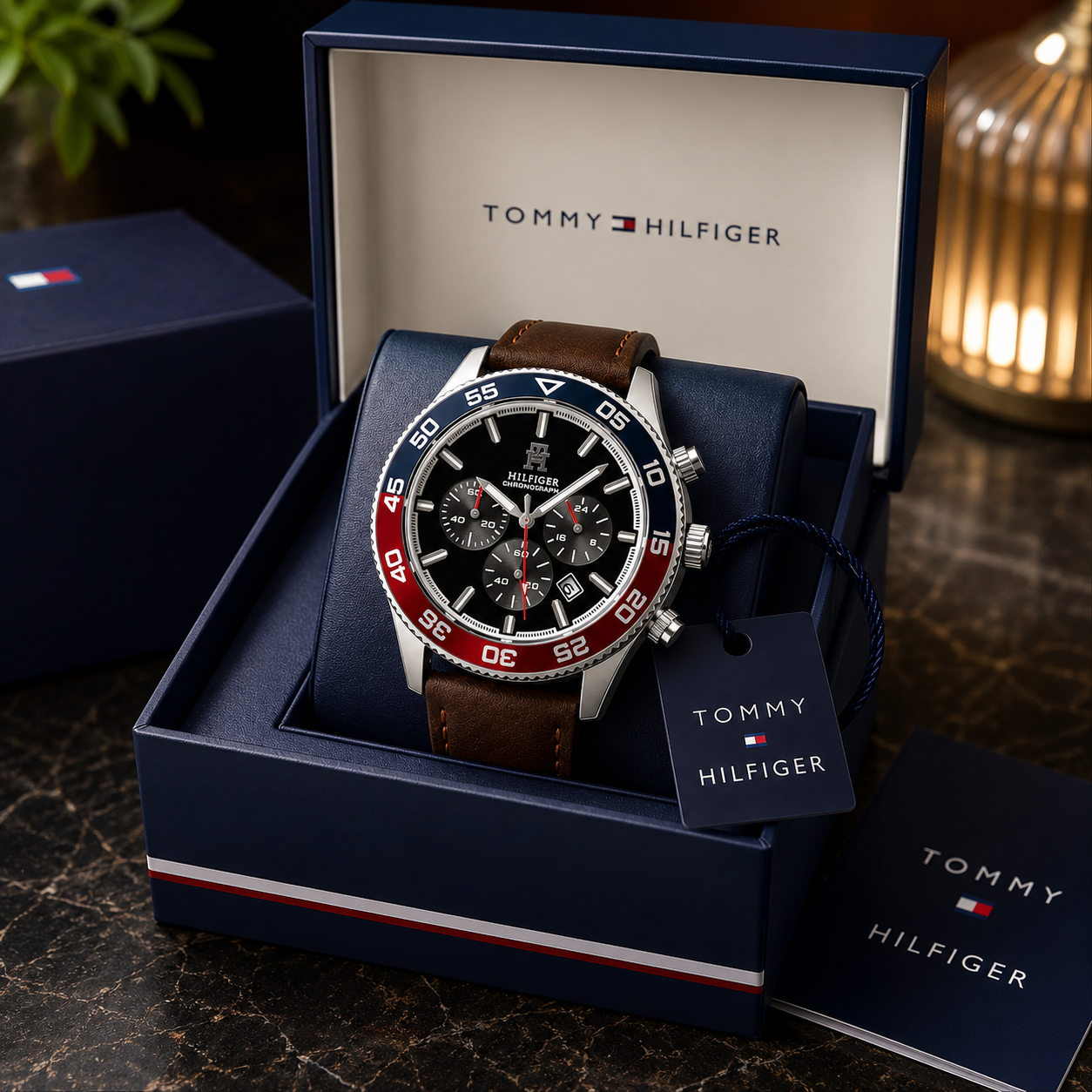 Tom_my Hilfi_ger Chronograph Men’s Watch – Black Dial, Red & Blue Bezel with Brown Strap
