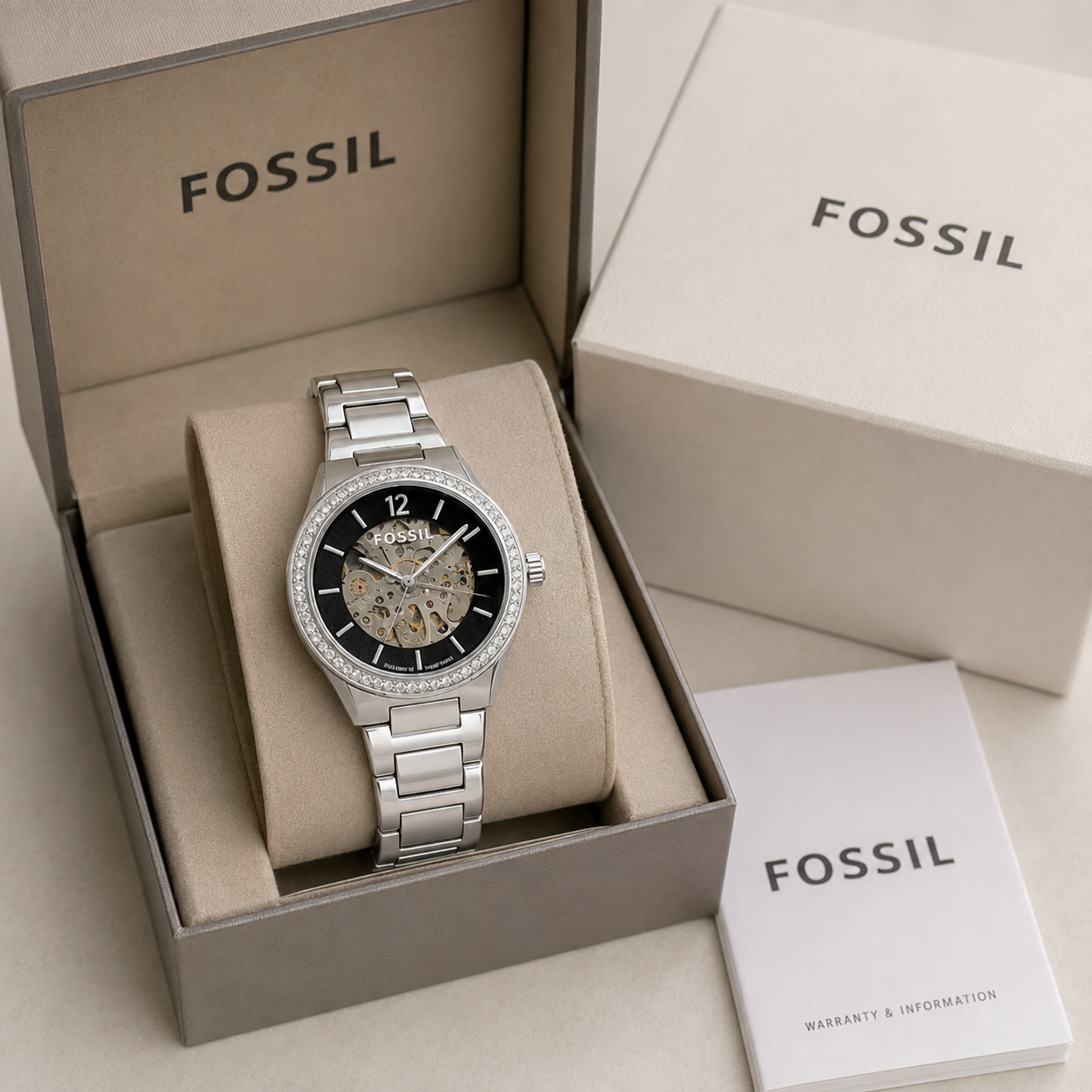 Fo_ssil BQ3781 Women’s Automatic Skeleton Watch – Crystal Bezel & Silver Bracelet