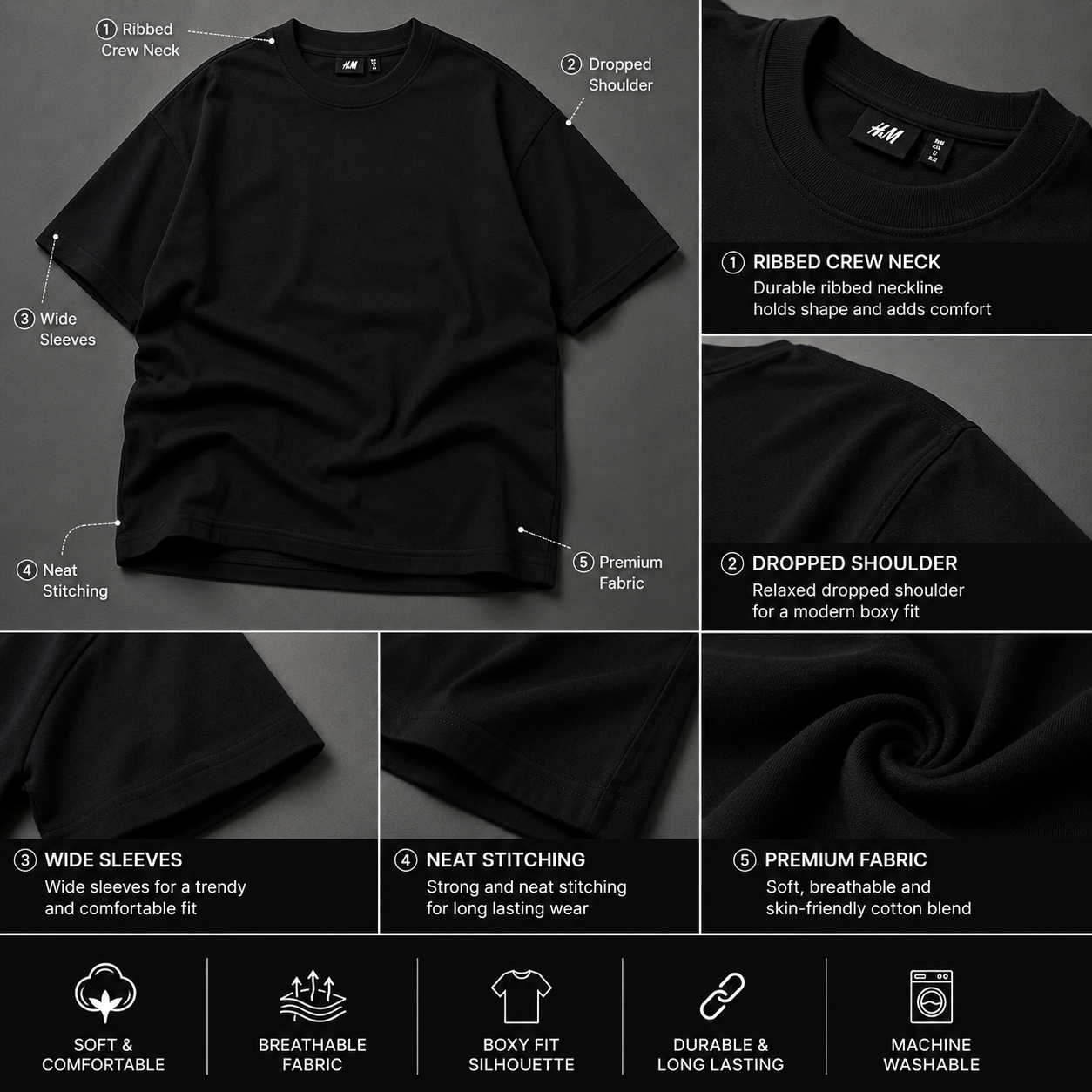 H_&_M Men’s Black Oversized T-Shirt | Premium Boxy Fit Crew Neck Casual Tee