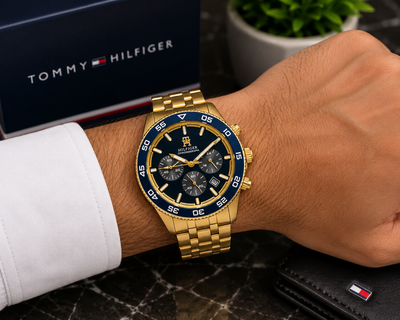Tom_my Hilf_iger Gold-Tone Blue Dial Chronograph Men’s Watch
