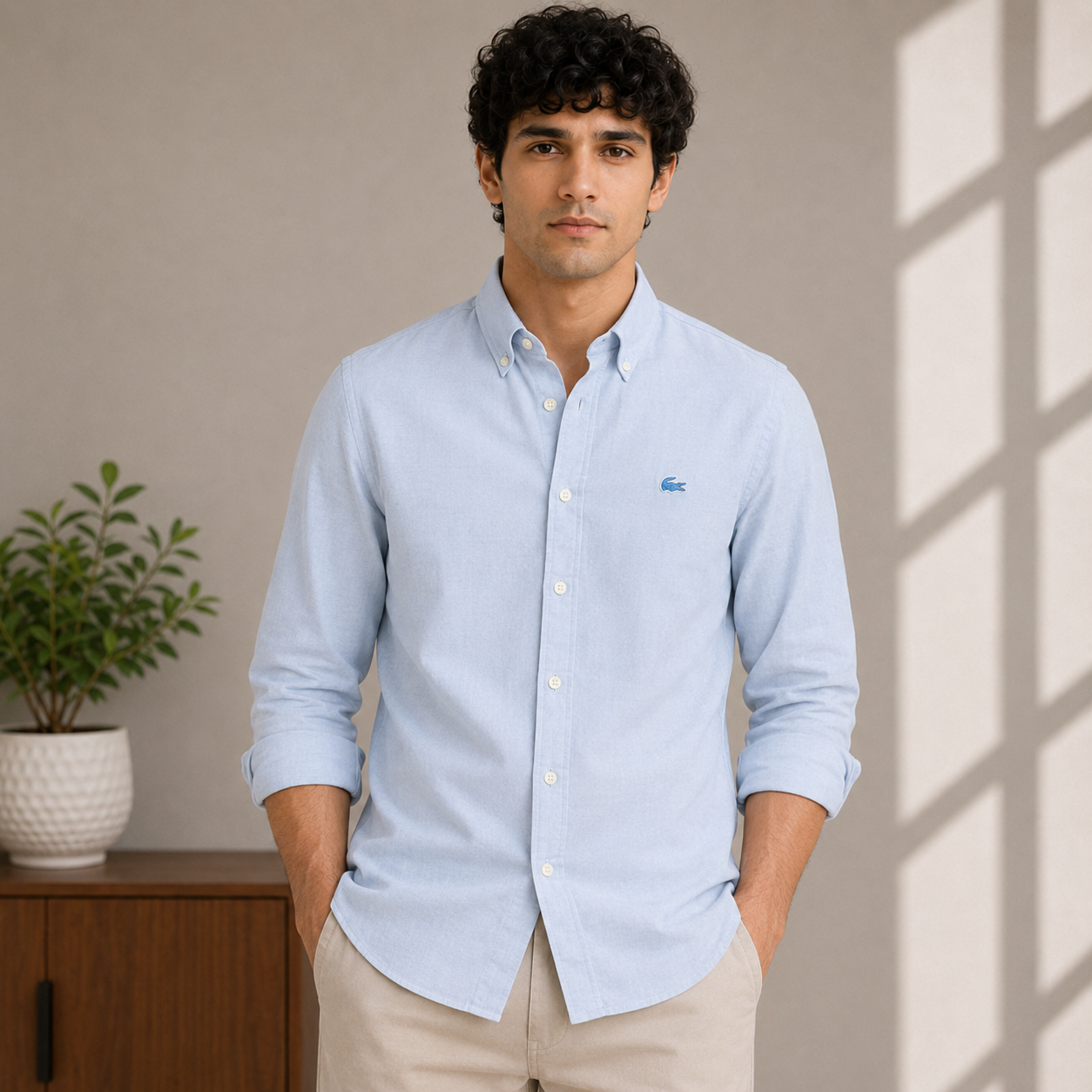 Lac_oste Men’s Sky Blue Slim Fit Button-Down Shirt – Signature Crocodile Logo