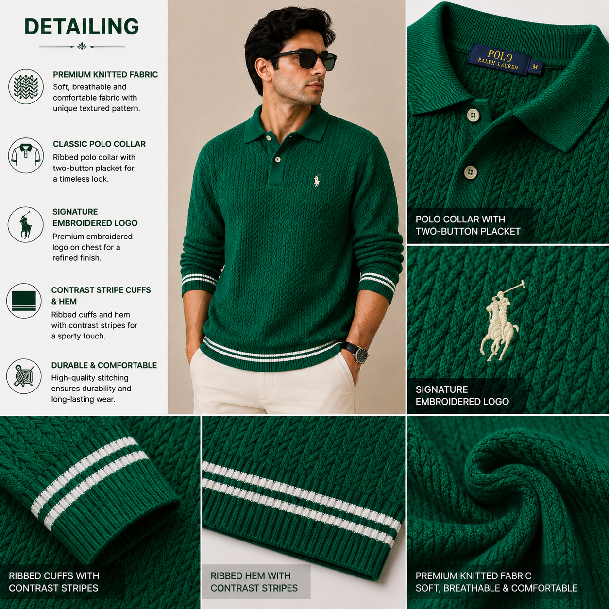 po_lo Men's Premium Green Textured Knit Polo T-Shirt with Contrast Stripe Cuffs