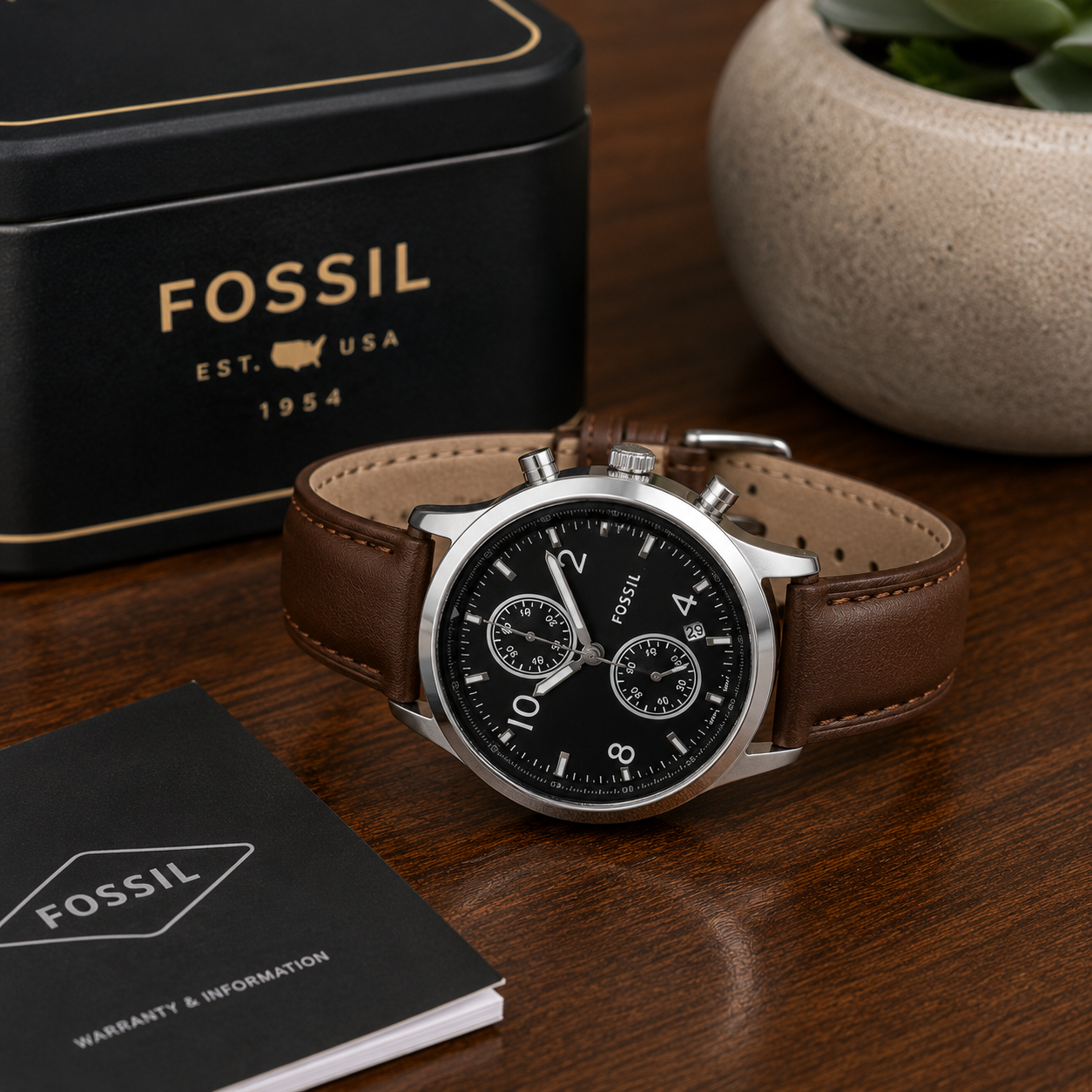 Fos_sil Black Dial Chronograph Brown Leather Strap Watch
