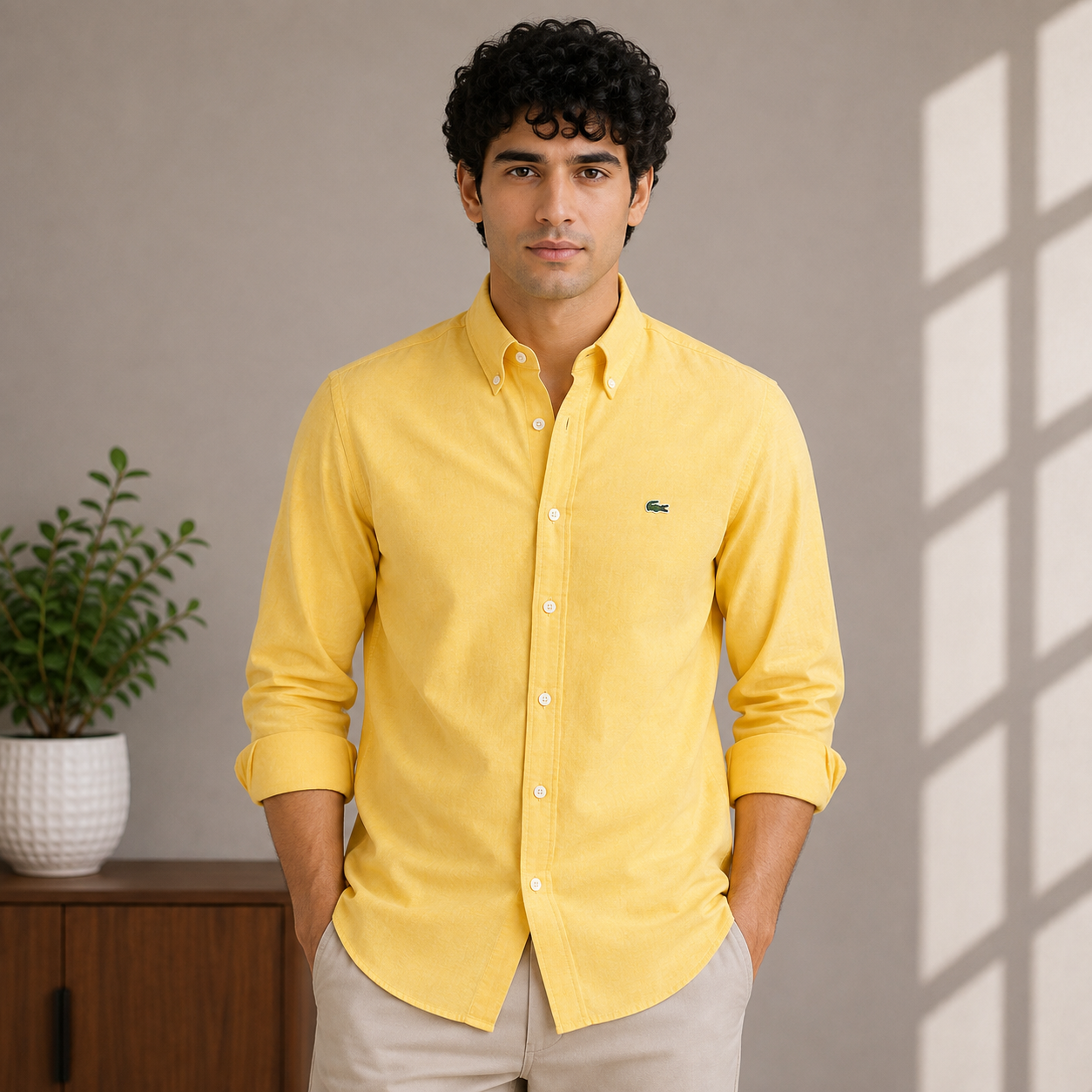 Lac_oste Men’s Yellow Slim Fit Button-Down Shirt – Signature Crocodile Logo