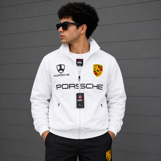 Por_sche Motor_sport x Pu_ma Men’s White Racing Track Jacket – Premium Zip-Up