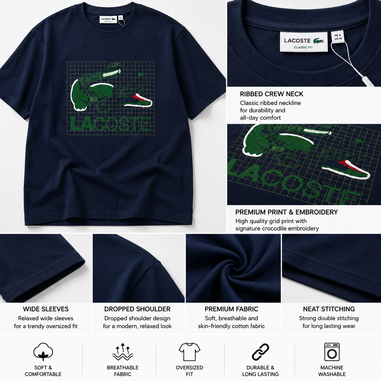 Lac_oste Men’s Navy Blue Graphic T-Shirt | Premium Crocodile Design Oversized Crew Neck Tee