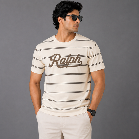 Po_lo Ral_ph Lau_ren Men’s Off-White Striped Crew Neck T-Shirt – Brown Ralph Embroidered Logo