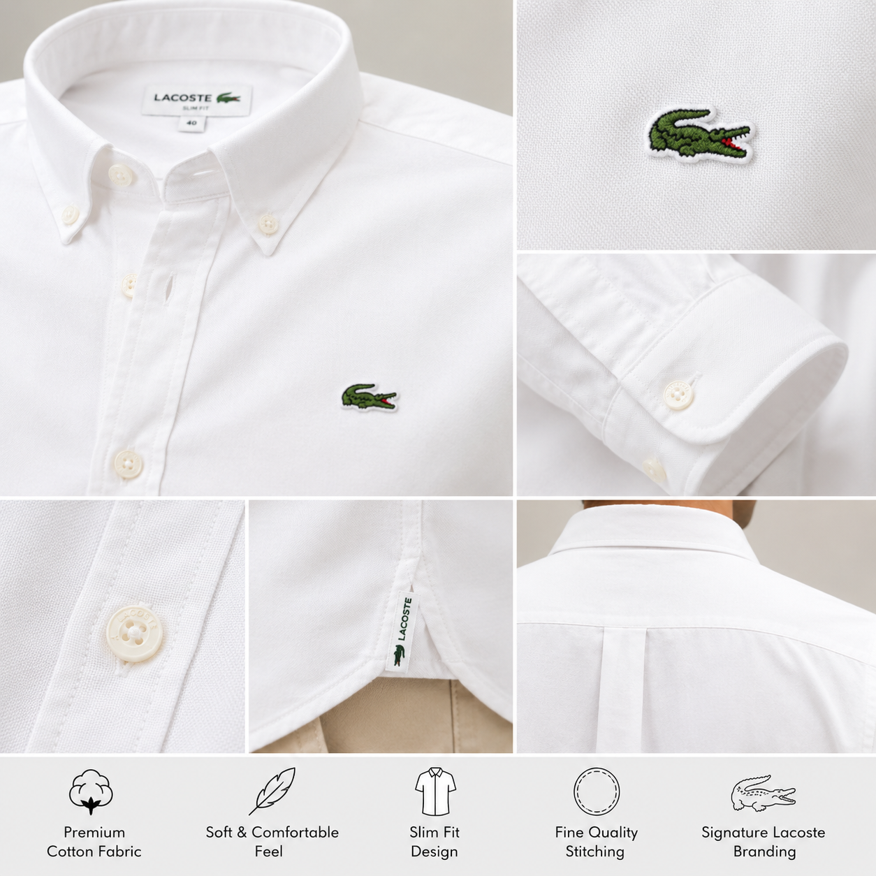 Lac_oste Men’s Classic White Button-Down Shirt – Signature Crocodile Logo