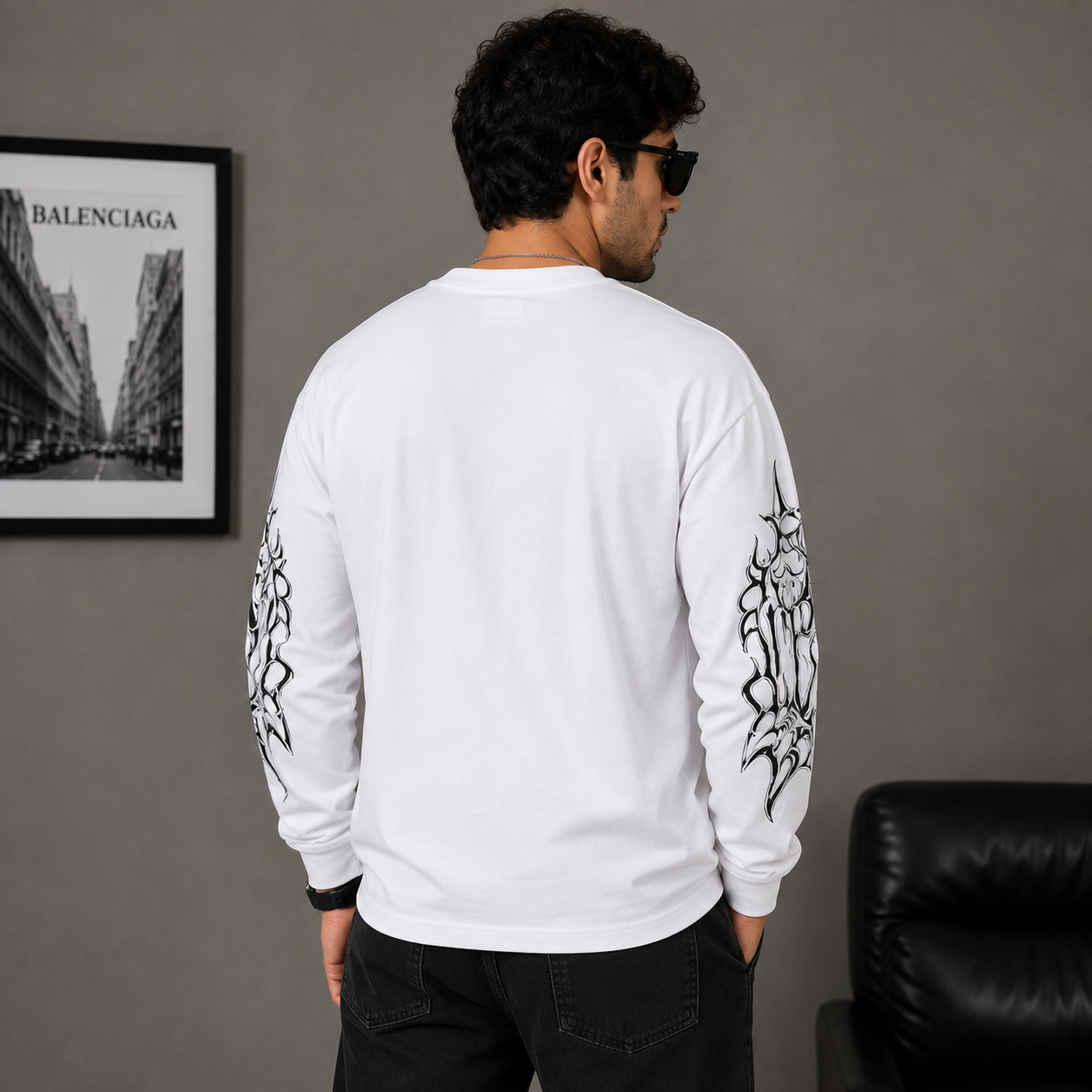 za_ra Men's White Oversized Graphic Print Full Sleeve T-Shirt