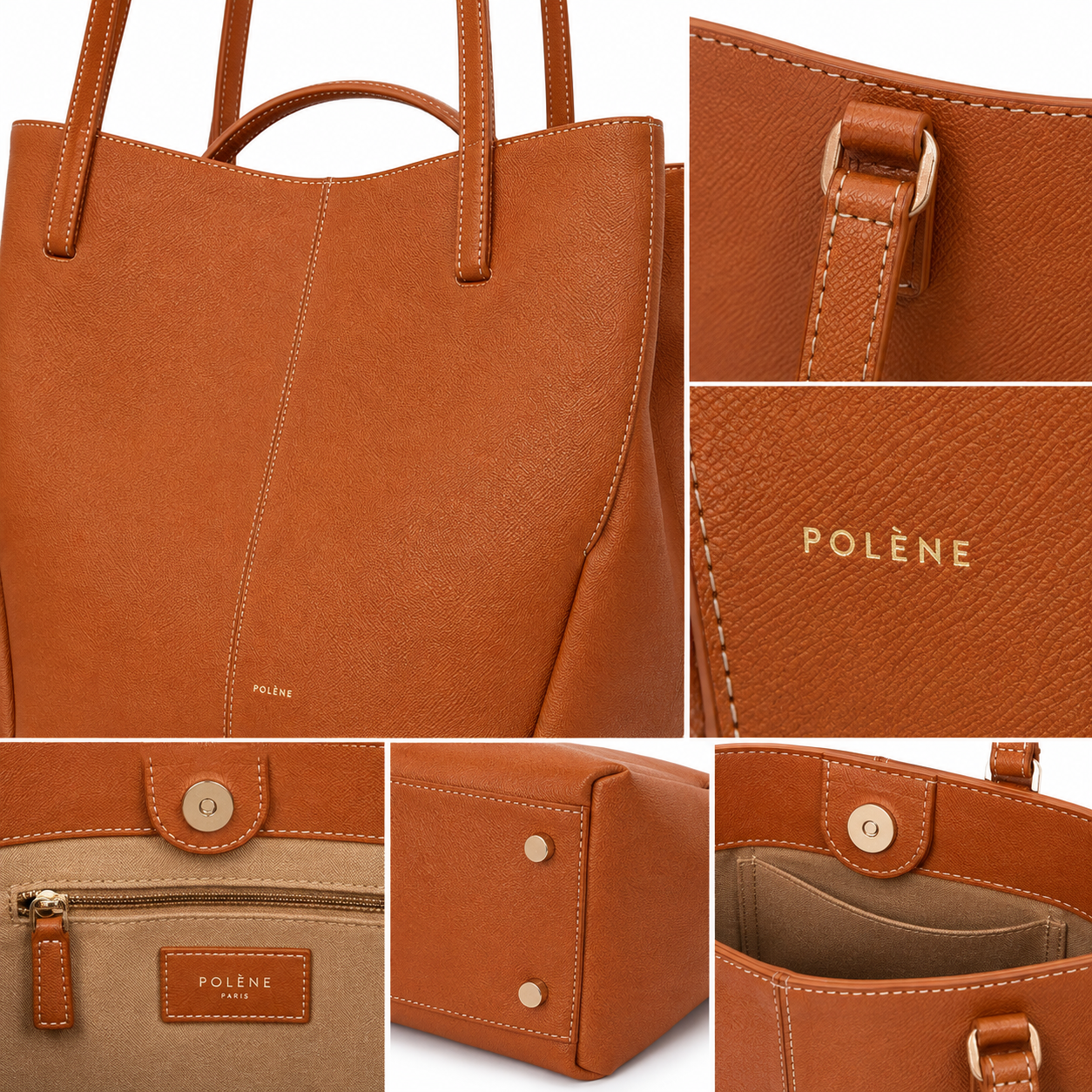 POL_ÈNE Women’s Cognac Brown Textured Tote Bag – Premium Large Shoulder Carryall