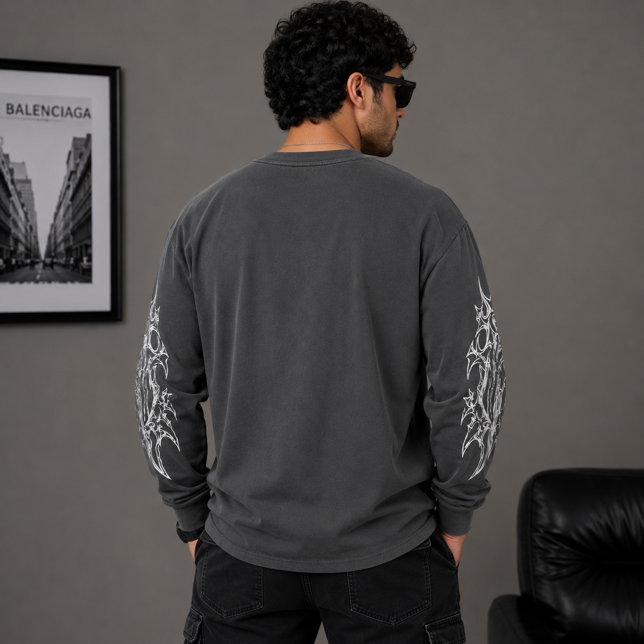 Za_ra Men's Grey Oversized Graphic Print Full Sleeve T-Shirt