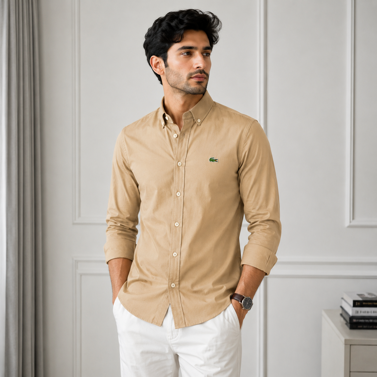 Lac_oste Men’s Beige Classic Fit Button-Down Shirt – Premium Casual Wear