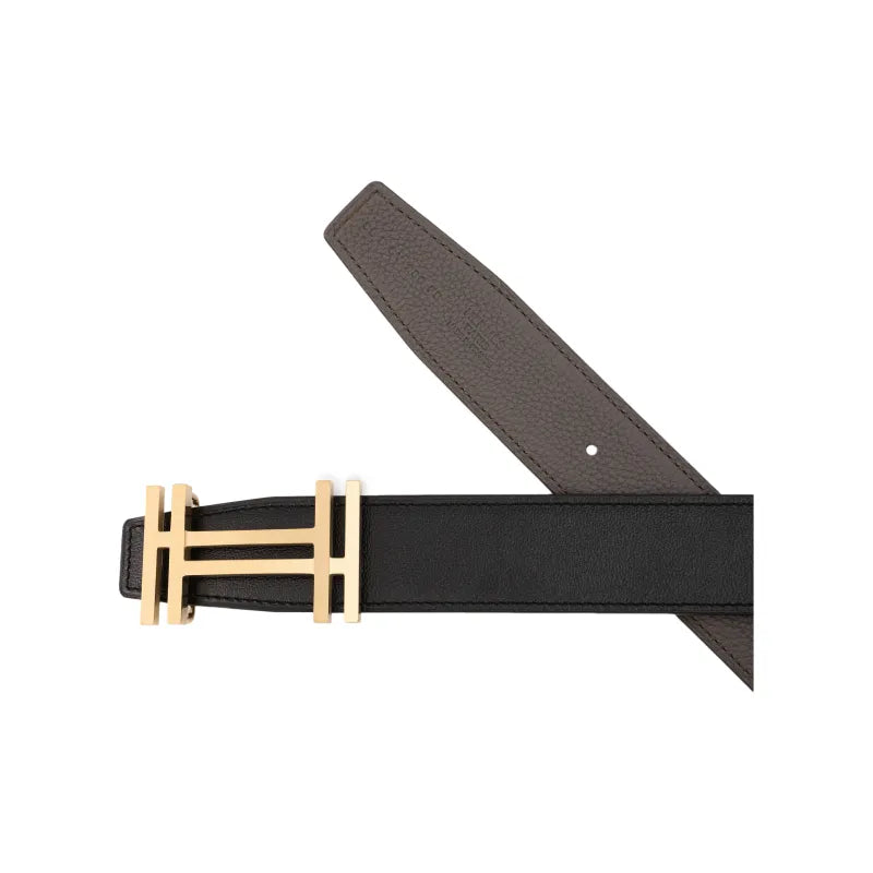 HERMES Double H Block Gold Buckle Togo Calfskin Reversible Leather Belt Men's Black/Tin Grey Width 3.2cm