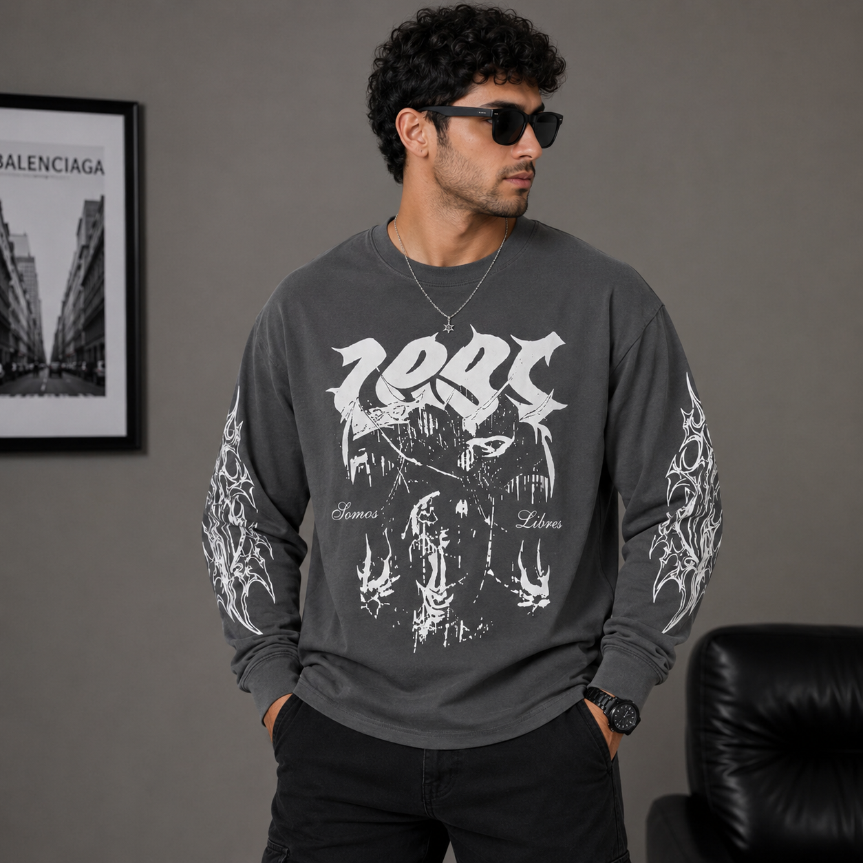 Za_ra Men's Grey Oversized Graphic Print Full Sleeve T-Shirt