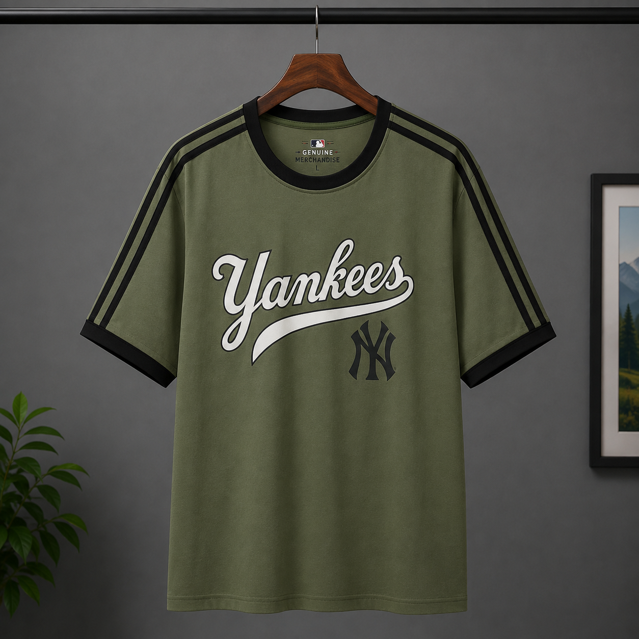 Ne_w Y_ork Yan_kees Inspired Men's Premium Olive Oversized Cotton T-Shirt with Contrast Stripe