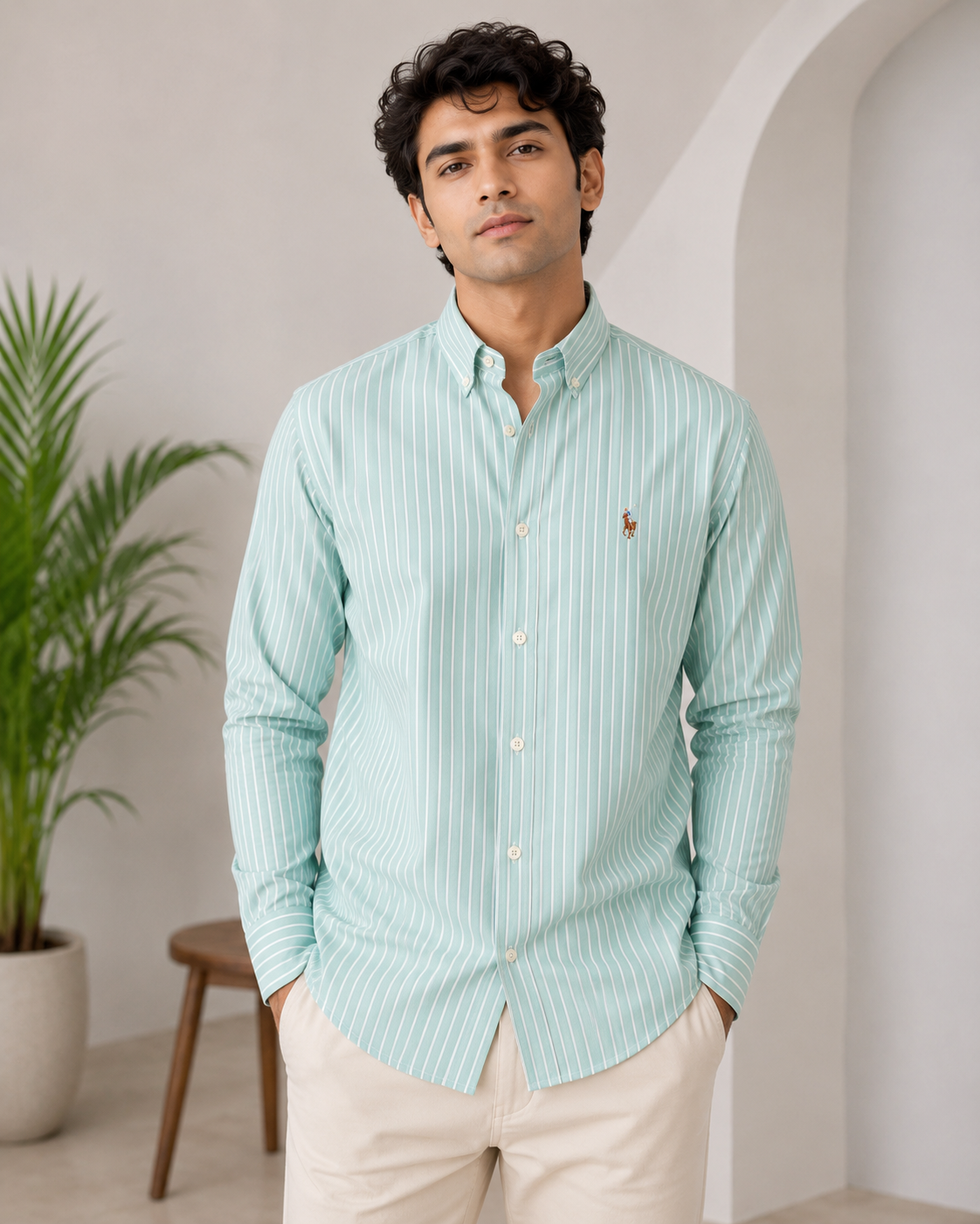 Po_lo Men's Mint Green Striped Premium Cotton Casual Shirt | Full Sleeves | Regular Fit