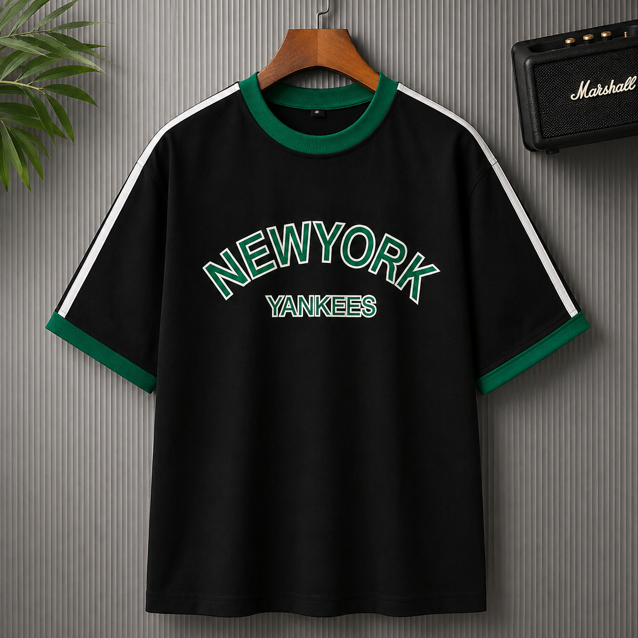 N_ew Yo_rk Yan-kees Oversized Black Contrast Stripe T-Shirt for Men