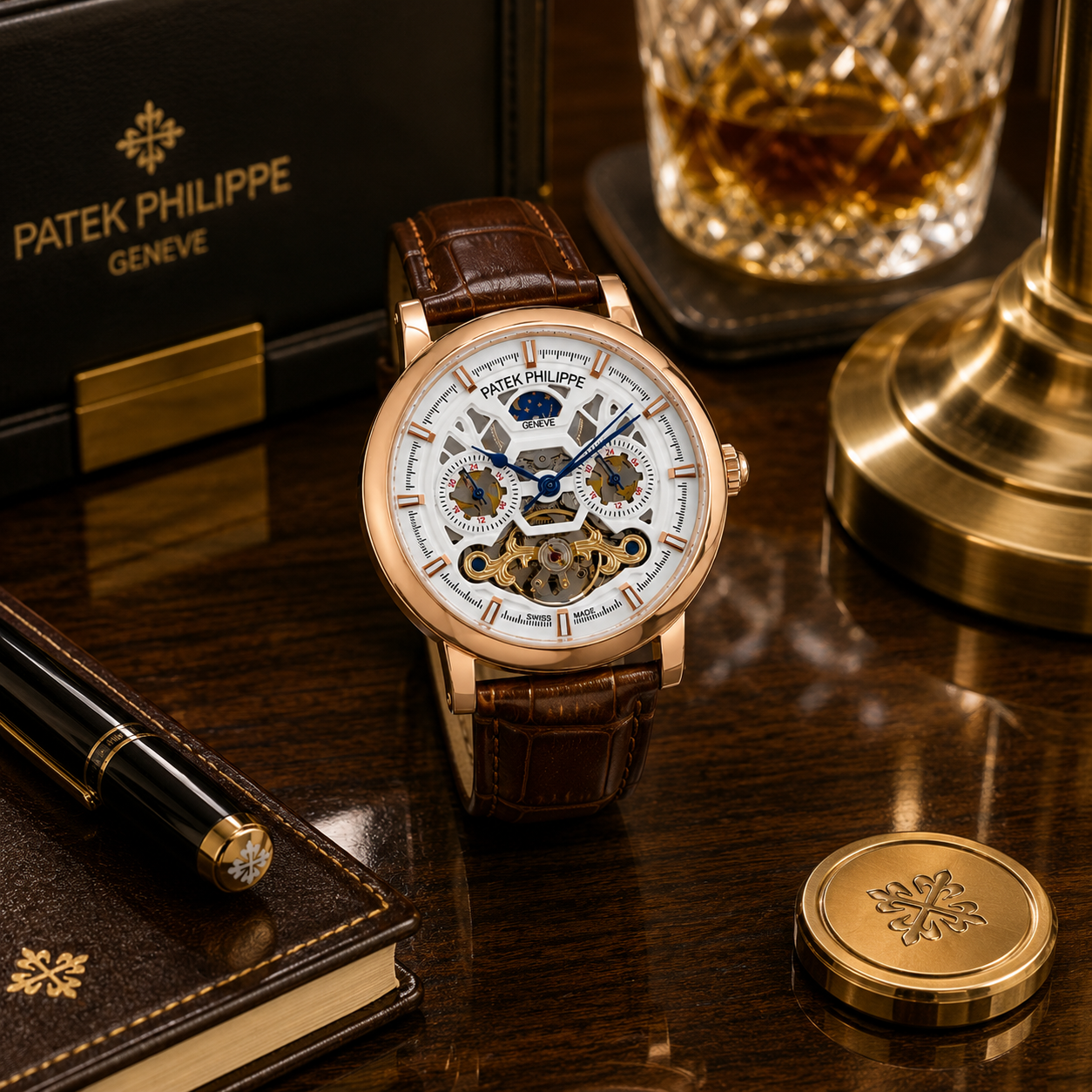 Pa_tek Phil_ippe Automatic Skeleton Men’s Watch – Rose Gold Case, White Open-Work Dial & Brown Leather Strap