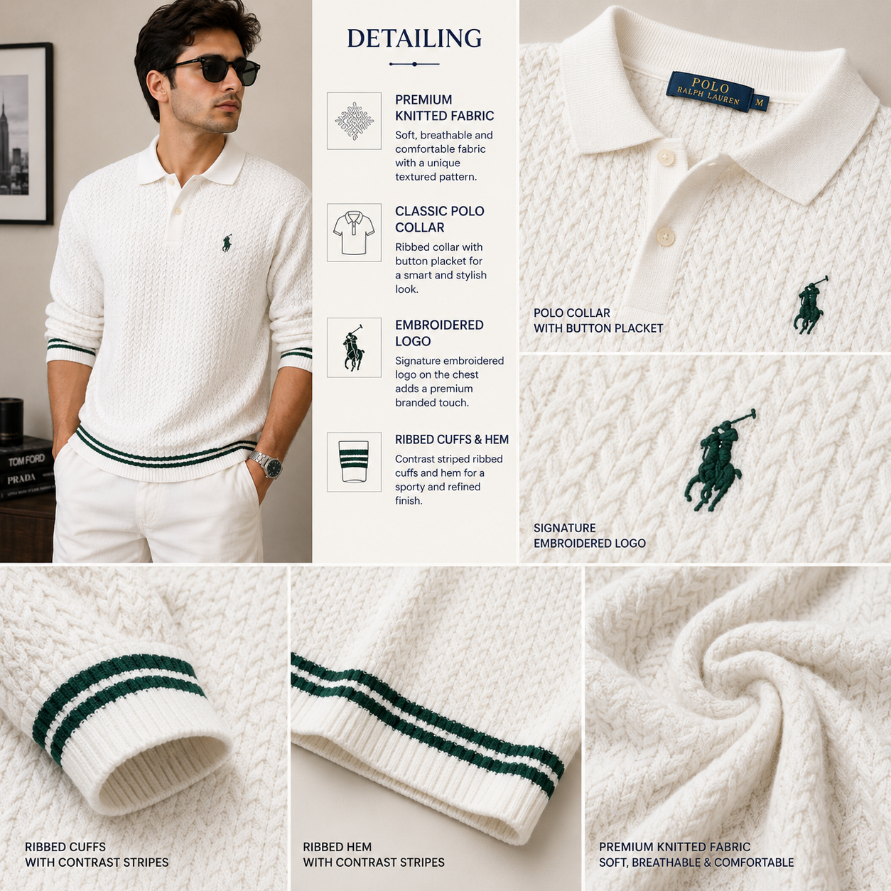 po_lo Men's Premium Textured White Polo Knit T-Shirt with Contrast Stripe Cuffs