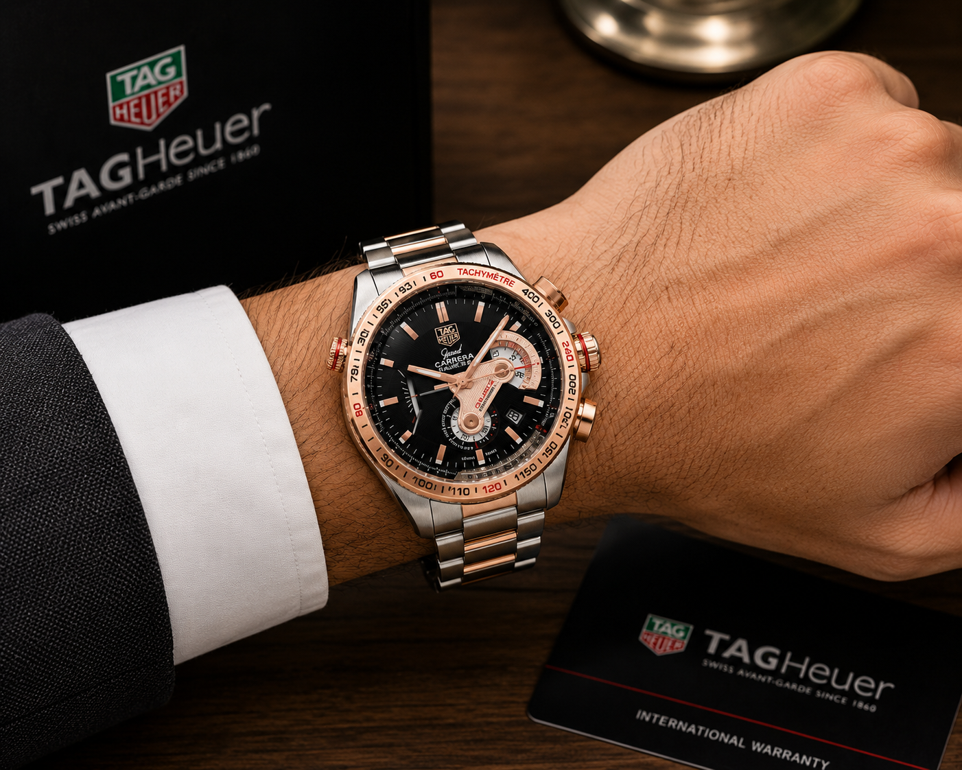 T_AG Heu_er Grand Carrera Calibre 36 Two-Tone Black Dial Chronograph Watch