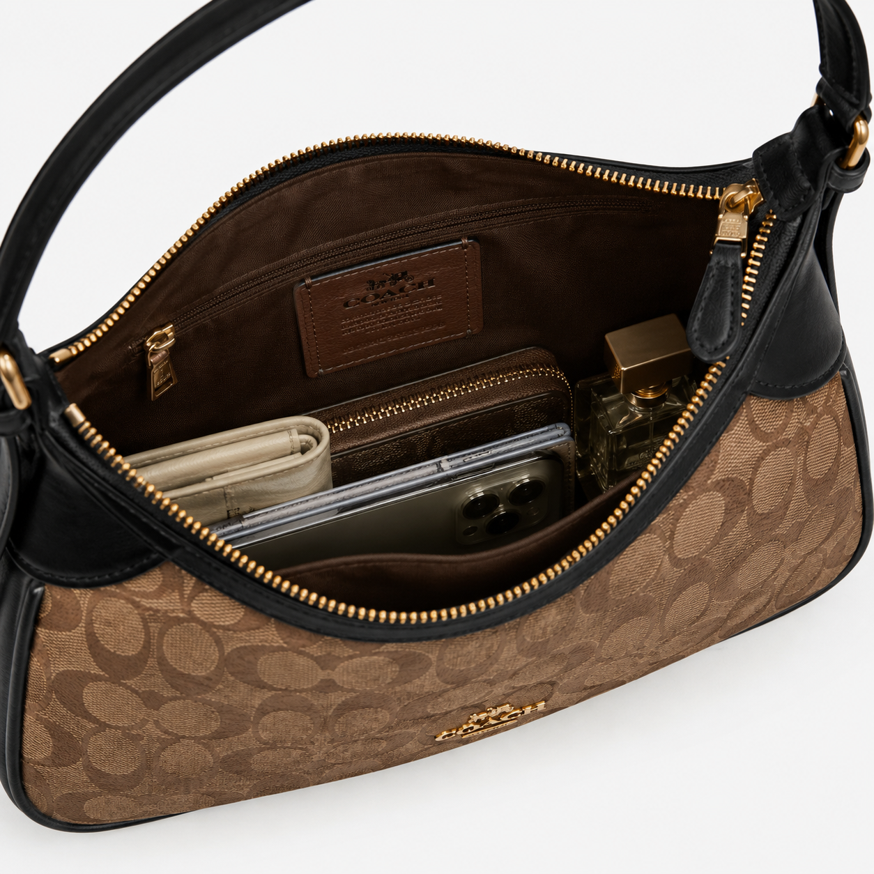 Co_ach Signature Monogram Shoulder Bag – Brown & Black Luxury Handbag
