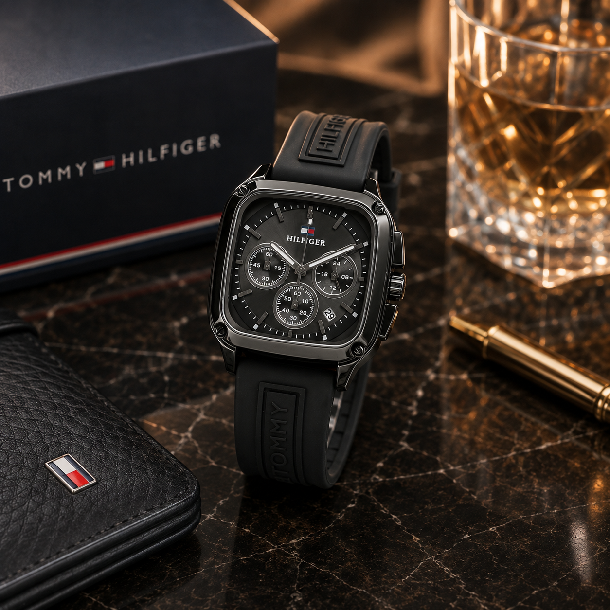 Tom_my Hilfi_ger Men’s Black Chronograph Watch – Square Dial & Premium Silicone Strap
