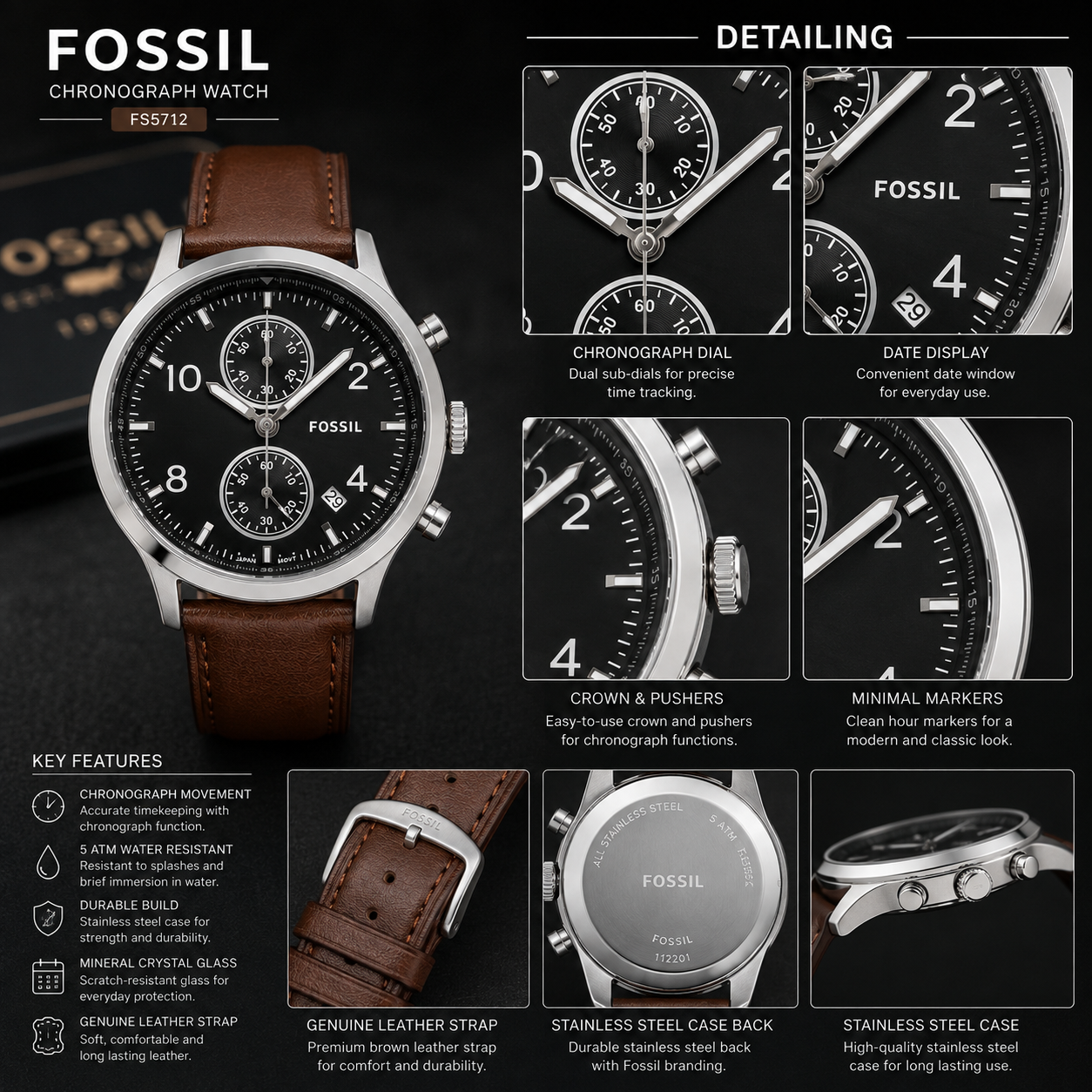 Fos_sil Black Dial Chronograph Brown Leather Strap Watch