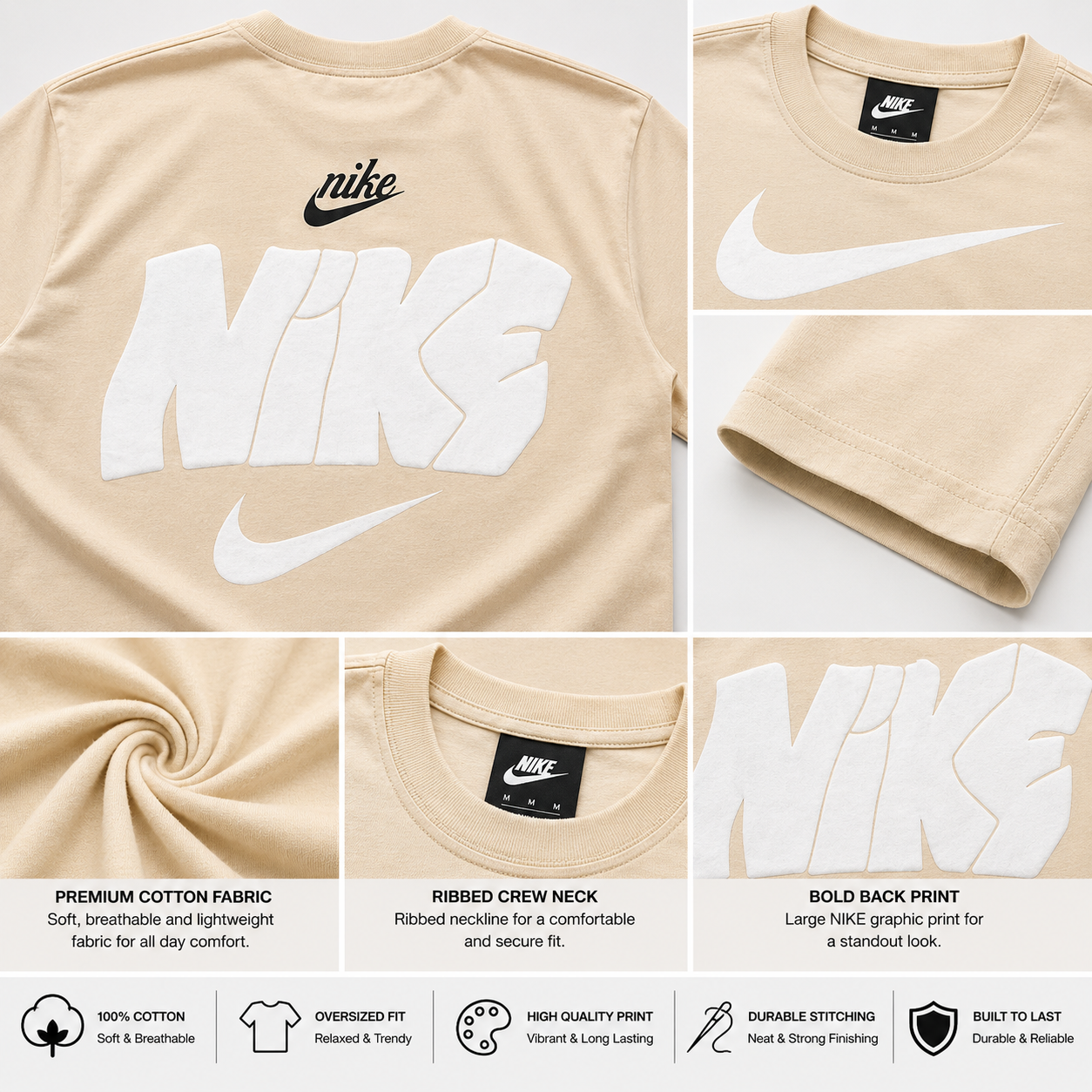 Ni_ke Men’s Beige Oversized Graphic T-Shirt – Swoosh Print Casual Streetwear Tee