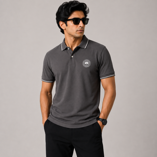 Men’s Charcoal Grey Premium Polo T-Shirt with Contrast Tipping & Embroidered Chest Logo