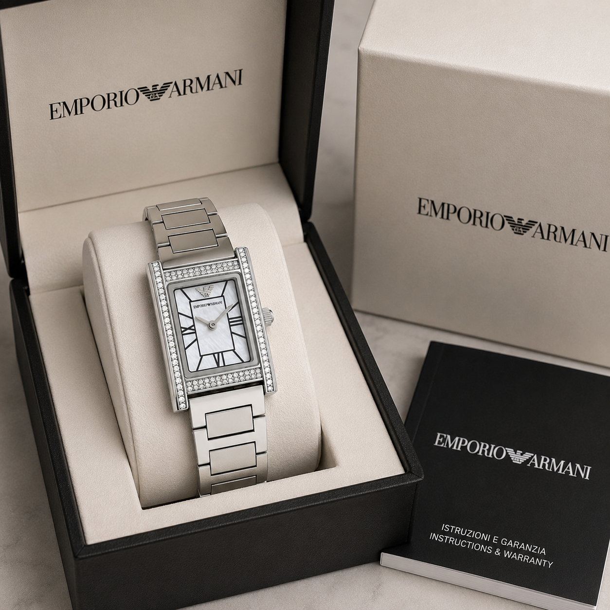 Em_porio Ar_mani Women’s Rectangular Crystal Watch – Mother-of-Pearl Dial & Silver Bracelet