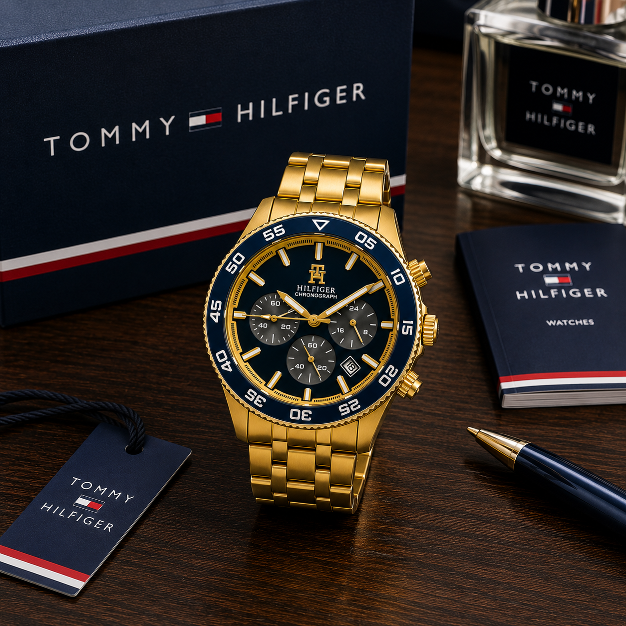 Tom_my Hilf_iger Gold-Tone Blue Dial Chronograph Men’s Watch