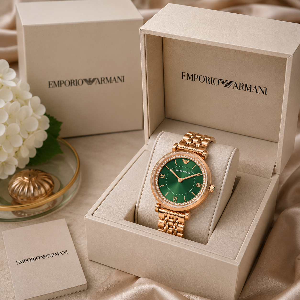 Emp_orio Arm_ani Rose Gold Green Dial Crystal Ladies Watch