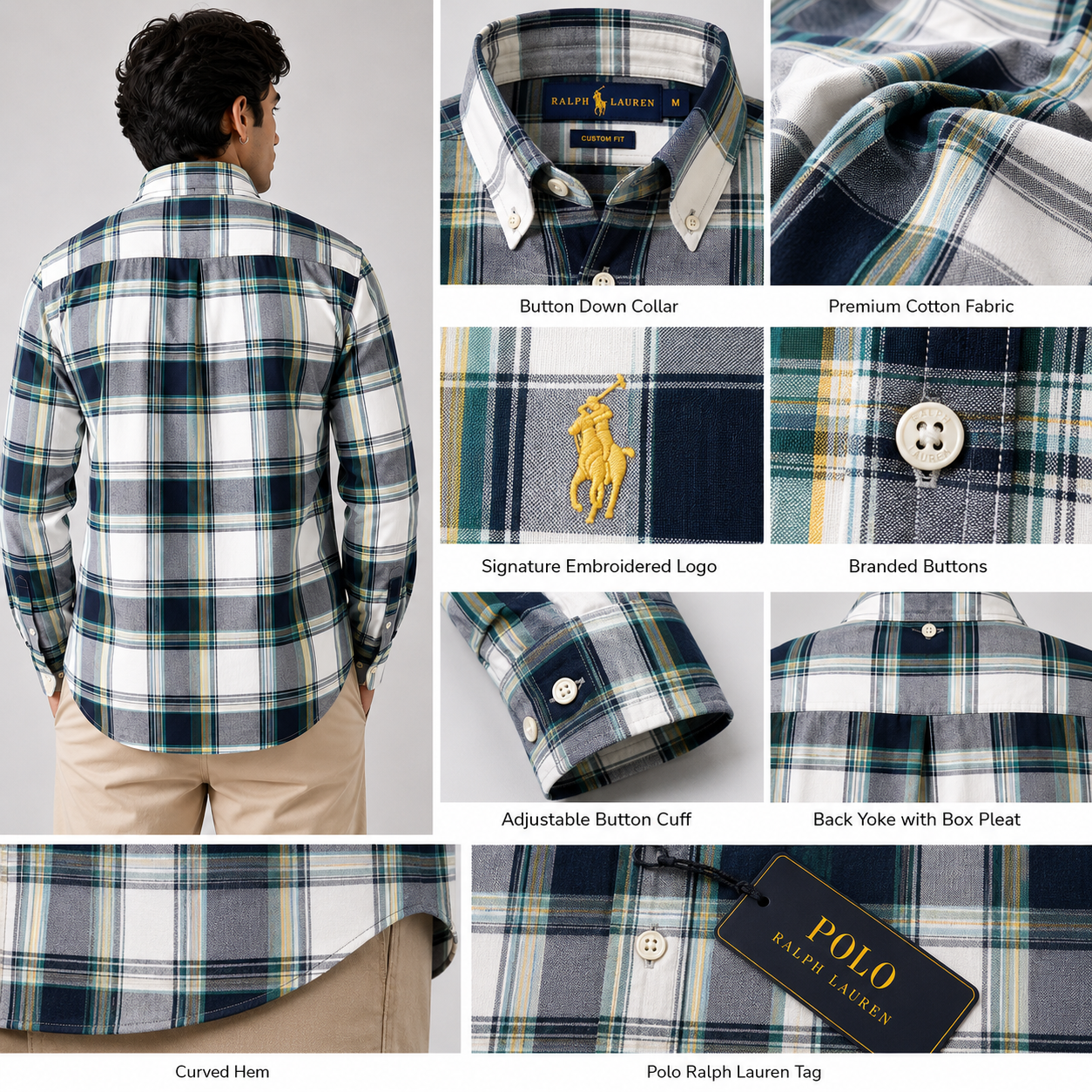 Po_lo Ral_ph La_uren Men's White, Navy & Green Plaid Shirt | Custom Fit Full Sleeve Shirt