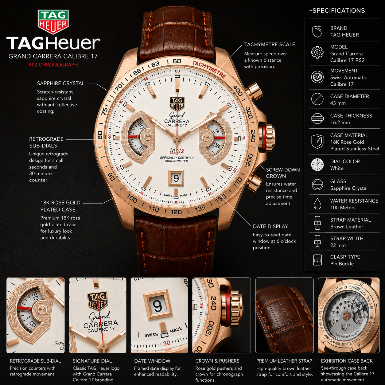 TA_G He_uer Grand Carrera Calibre 17 Rose Gold Chronograph Watch